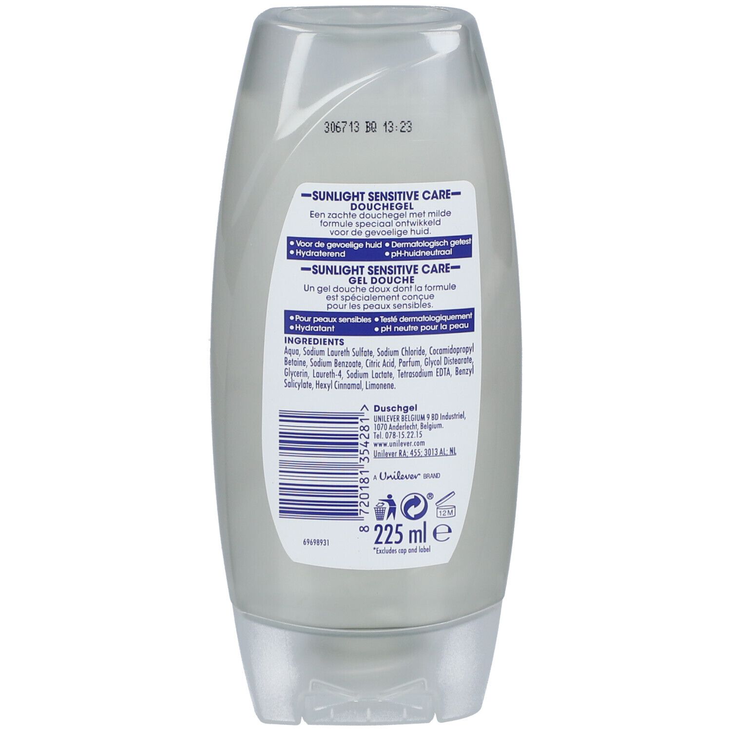 Achterkant van de Sunlight Sensitive Care Shower fles. Bevat tekst in meerdere talen en ingrediënten.