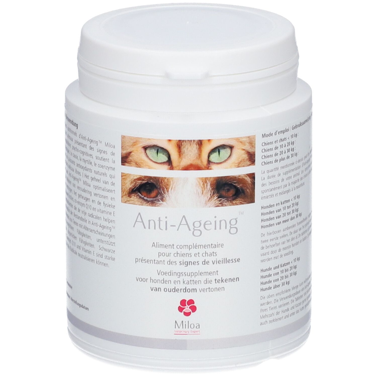Boîte blanche avec couvercle. Autocollant avec yeux de chat et texte Anti-Ageing. Complément alimentaire pour chiens et chats.