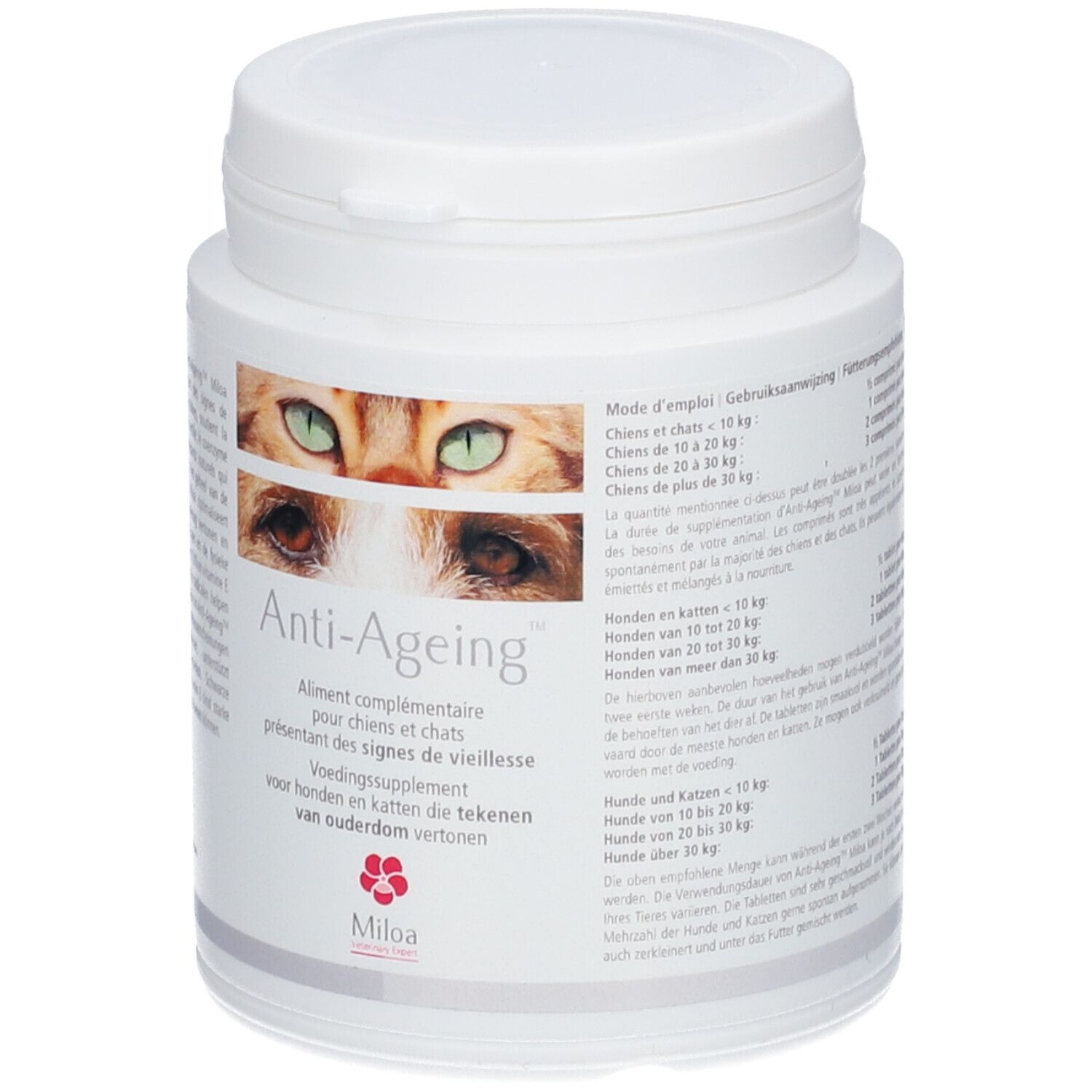 Boîte blanche avec couvercle. Autocollant avec yeux de chat et texte Anti-Ageing. Complément alimentaire pour chiens et chats.