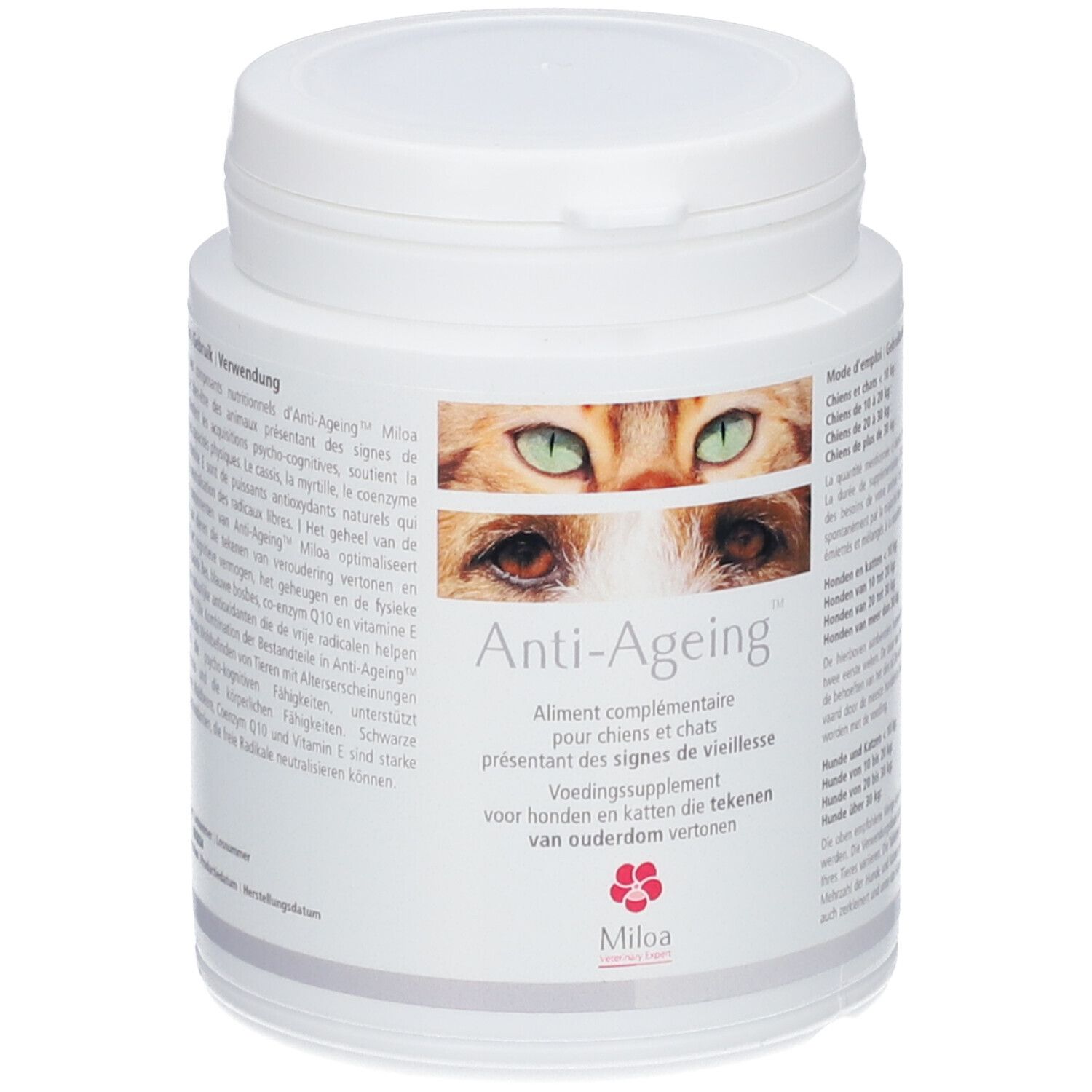 Boîte blanche avec couvercle. Autocollant avec yeux de chat et texte Anti-Ageing. Complément alimentaire pour chiens et chats.