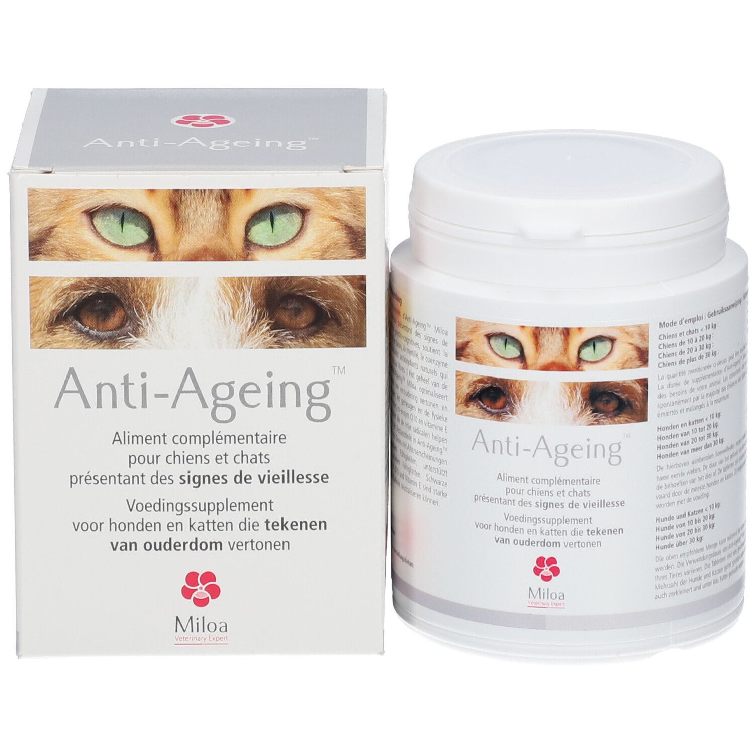 Boîte et boîte blanche. Autocollant avec yeux de chat et texte Anti-Ageing. Complément alimentaire pour chiens et chats.