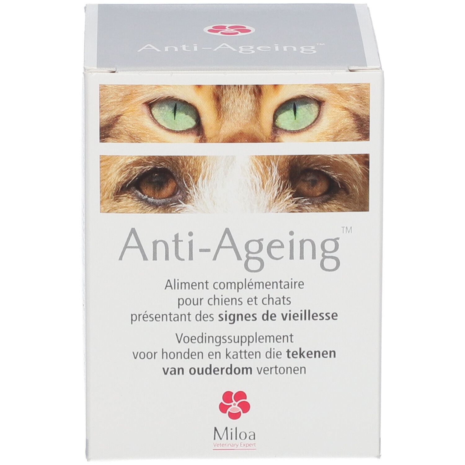 Boîte blanche avec texte Anti-Ageing. Complément alimentaire pour chiens et chats. Logo Miloa.