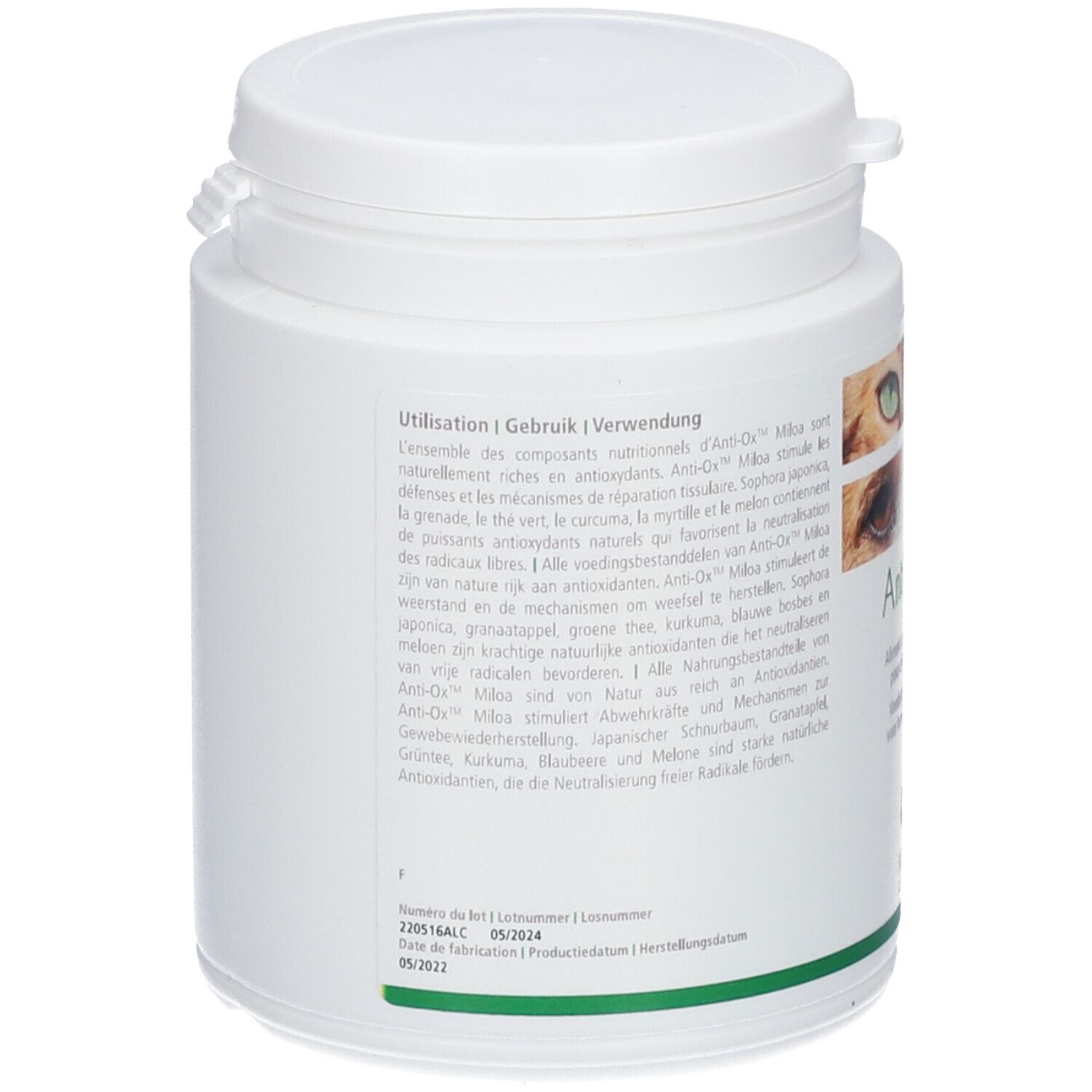 Weiße Dose mit Deckel. Text über Inhaltsstoffe und Verwendung. Aufschrift Anti-Ox. Logo Miloa.