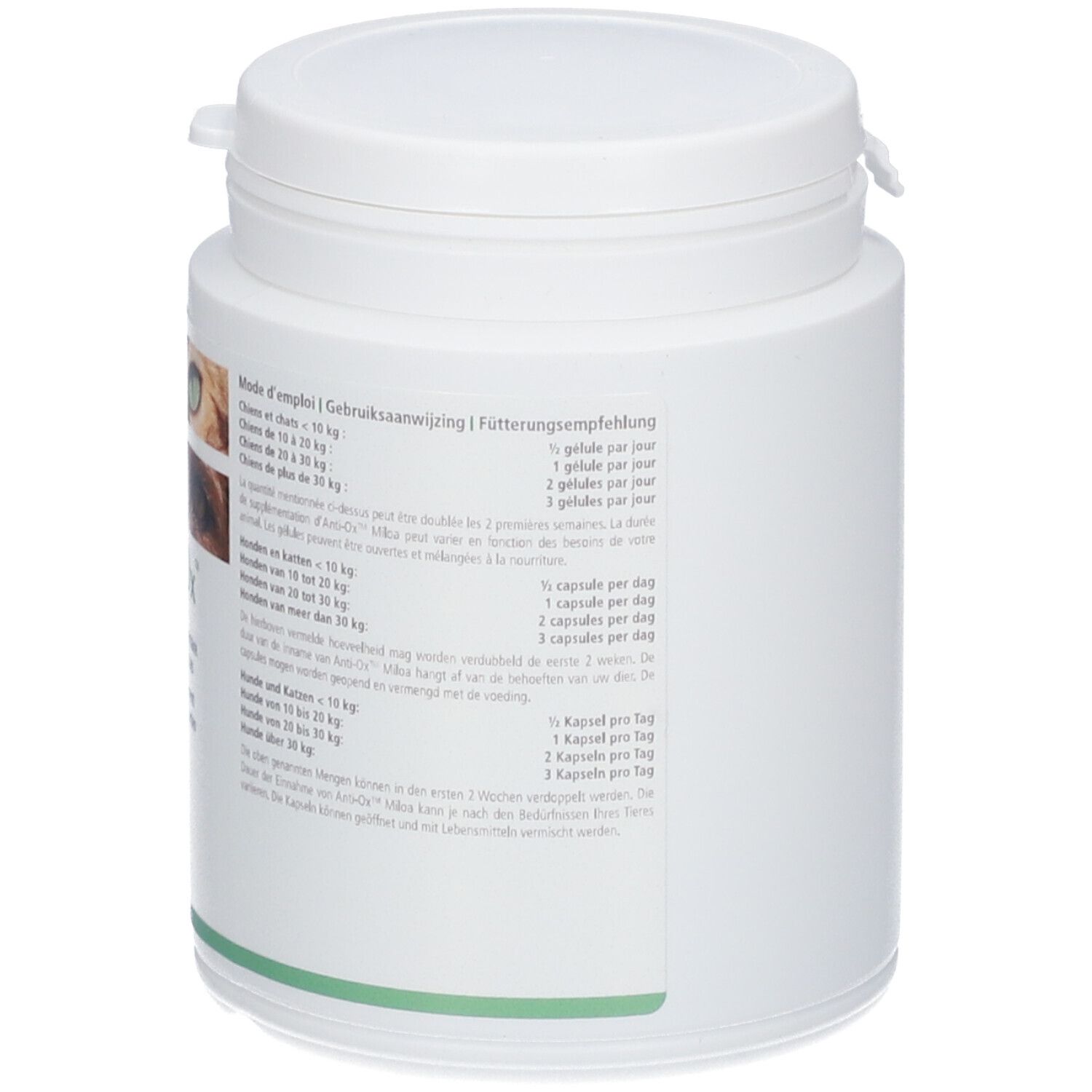 Weiße Dose mit Deckel. Text über Dosierung. Grüne Linie am Boden. Logo Miloa.