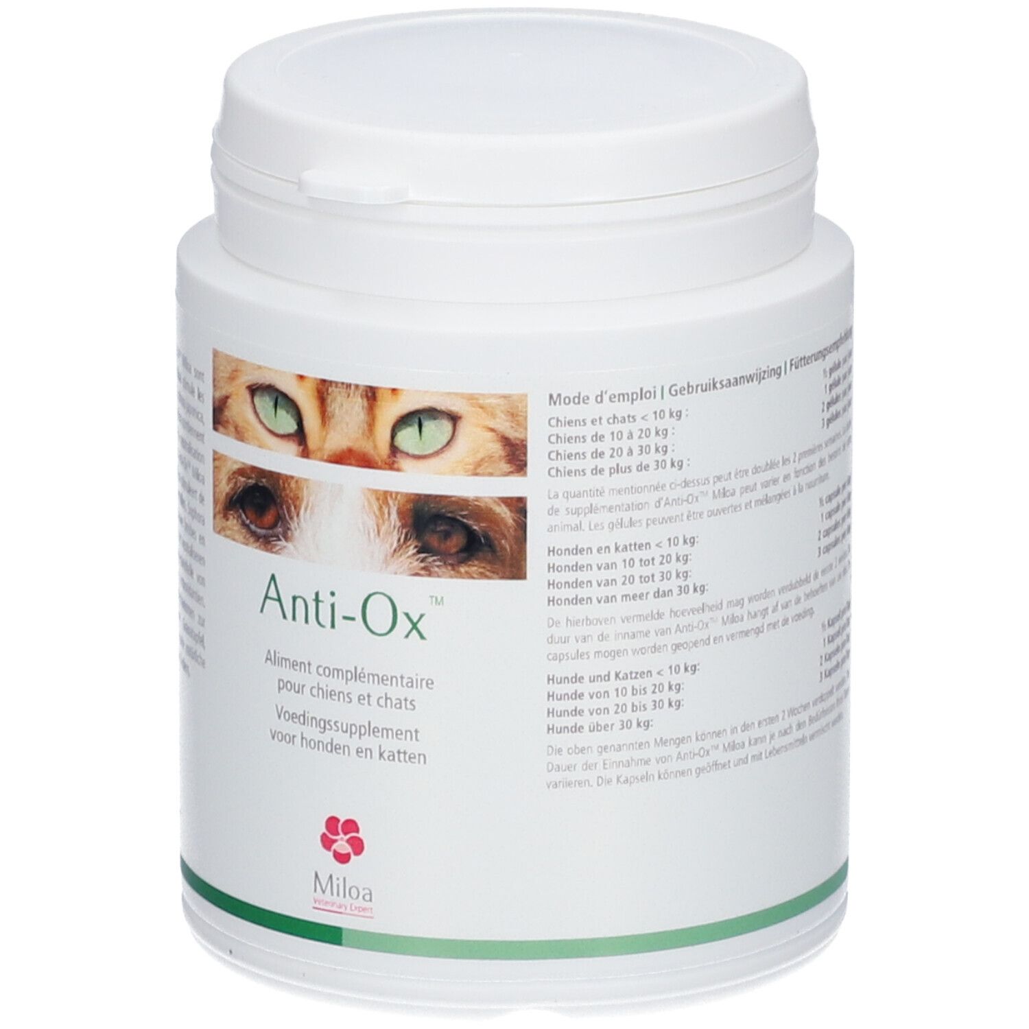 Weiße Dose mit Deckel. Aufschrift Anti-Ox, ergänzendes Tierfutter für Hunde und Katzen. Logo Miloa.