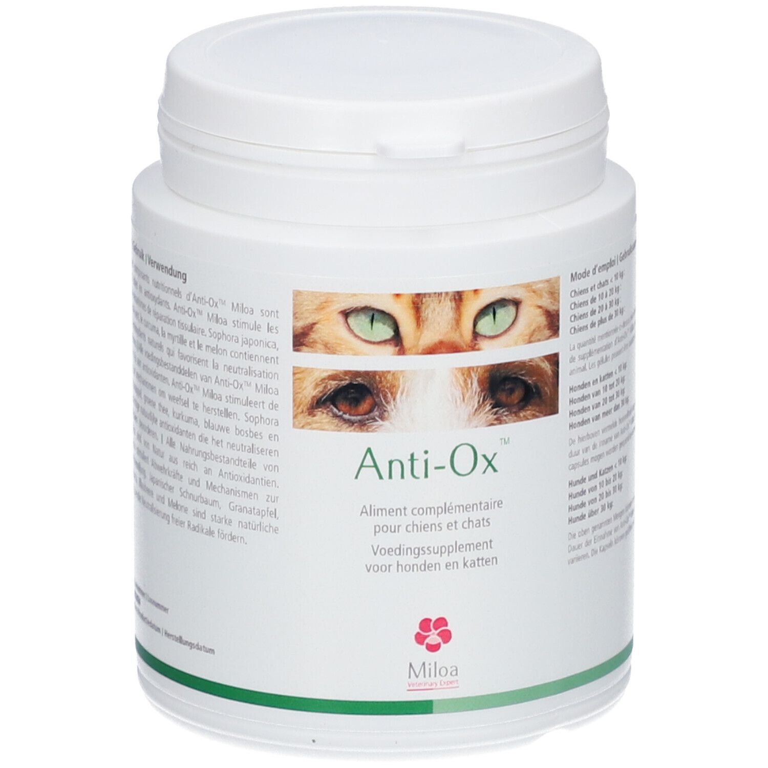 Weiße Dose mit Deckel. Aufschrift Anti-Ox, ergänzendes Tierfutter für Hunde und Katzen. Logo Miloa.