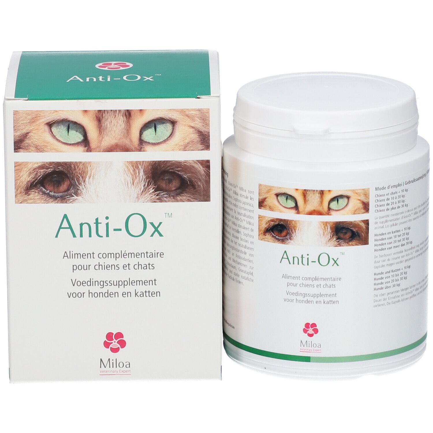 Weiße Dose und Schachtel. Aufschrift Anti-Ox, ergänzendes Tierfutter für Hunde und Katzen. Logo Miloa.