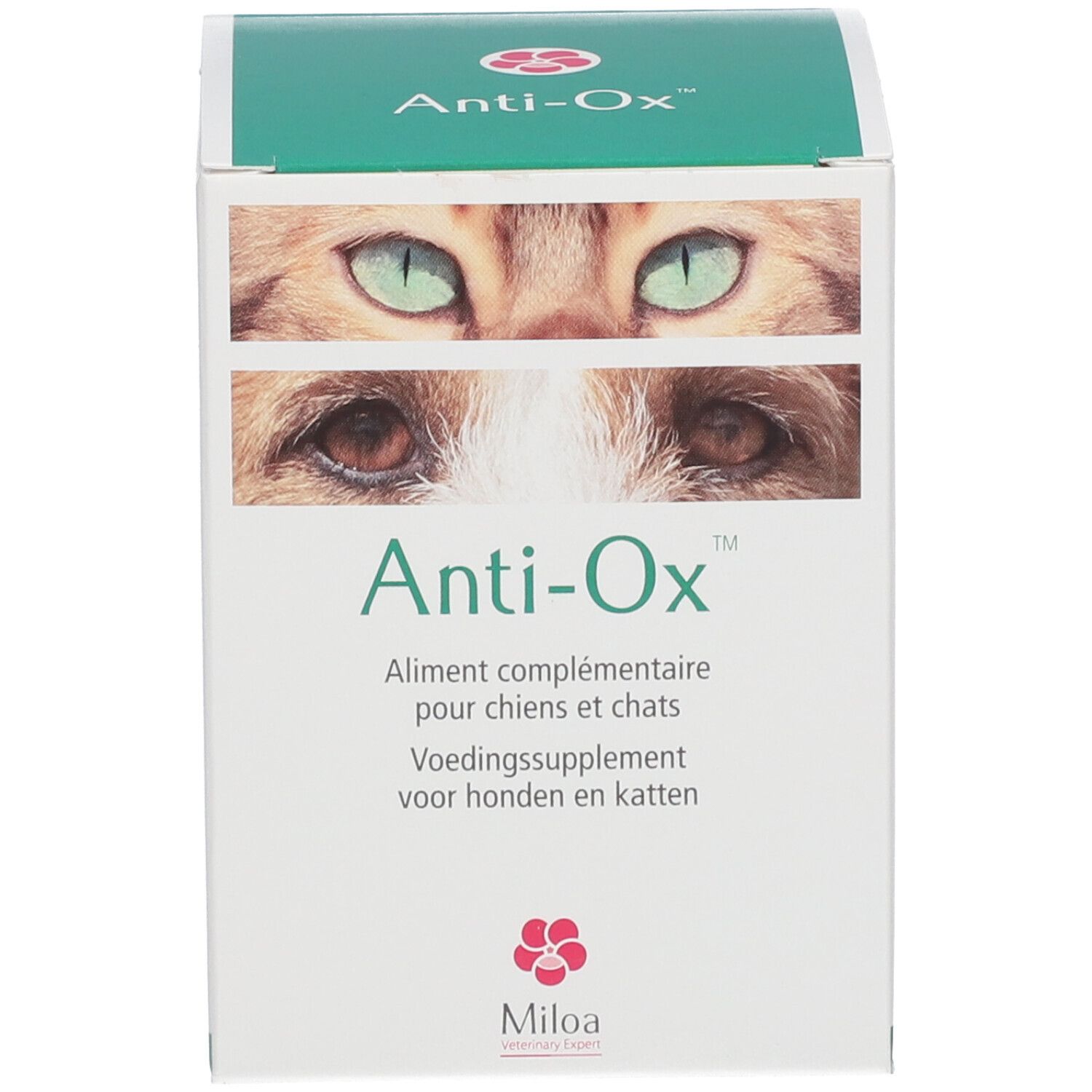 Weiße Schachtel. Aufschrift Anti-Ox, ergänzendes Tierfutter für Hunde und Katzen. Logo Miloa.