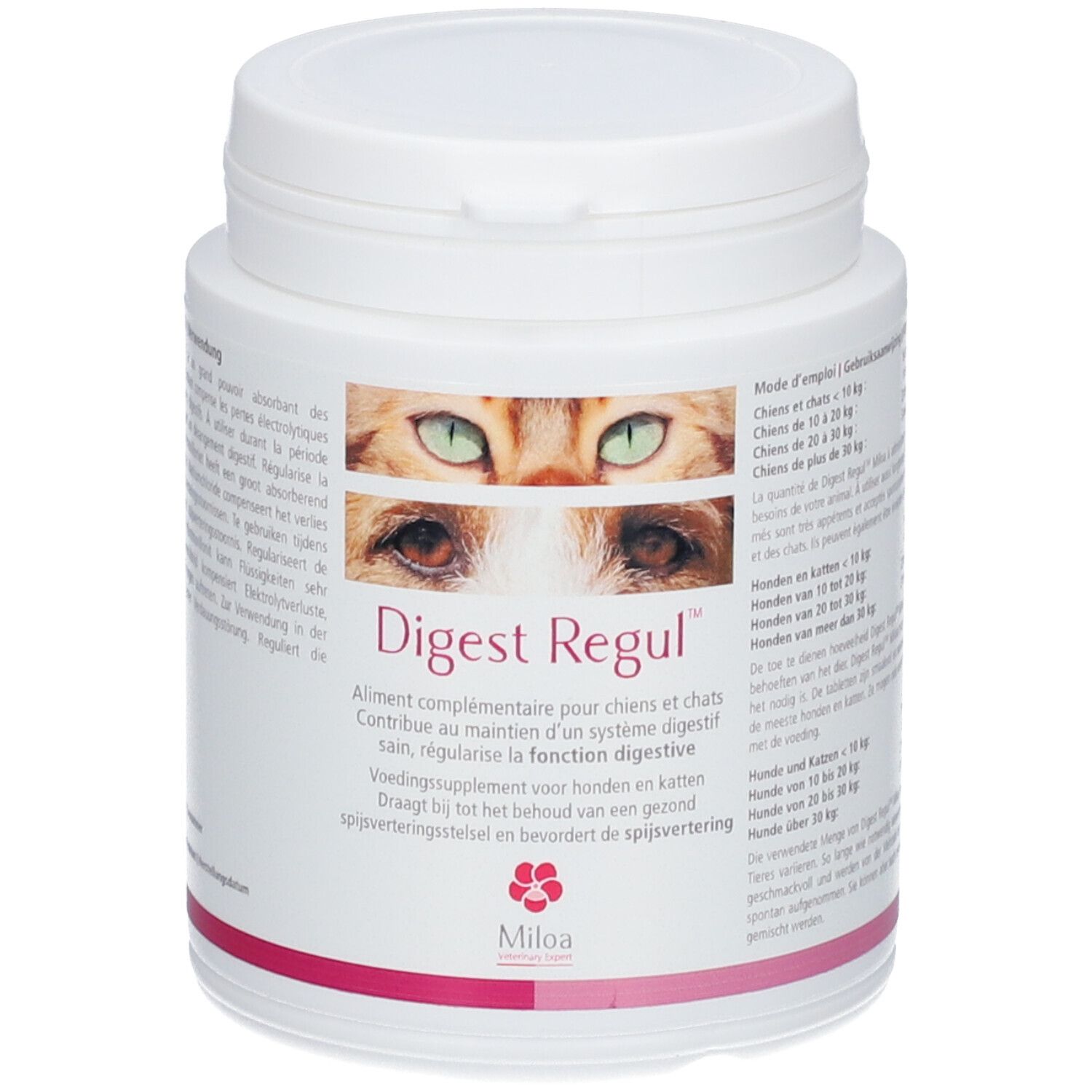 Weißes Tabletten-Behälter mit Deckel. Aufdruck: Augen einer Katze, "Digest Regul", Text in mehreren Sprachen, Logo.