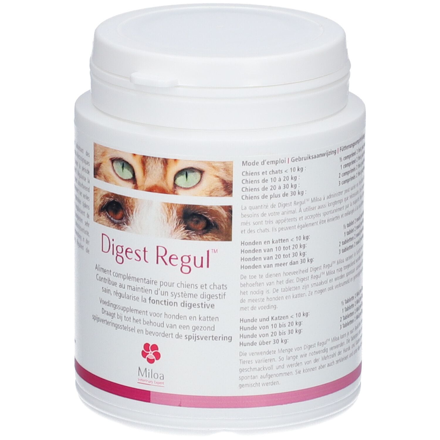Weißer Tabletten-Behälter mit Deckel. Aufdruck: Augen einer Katze, "Digest Regul", Text in mehreren Sprachen, Logo.