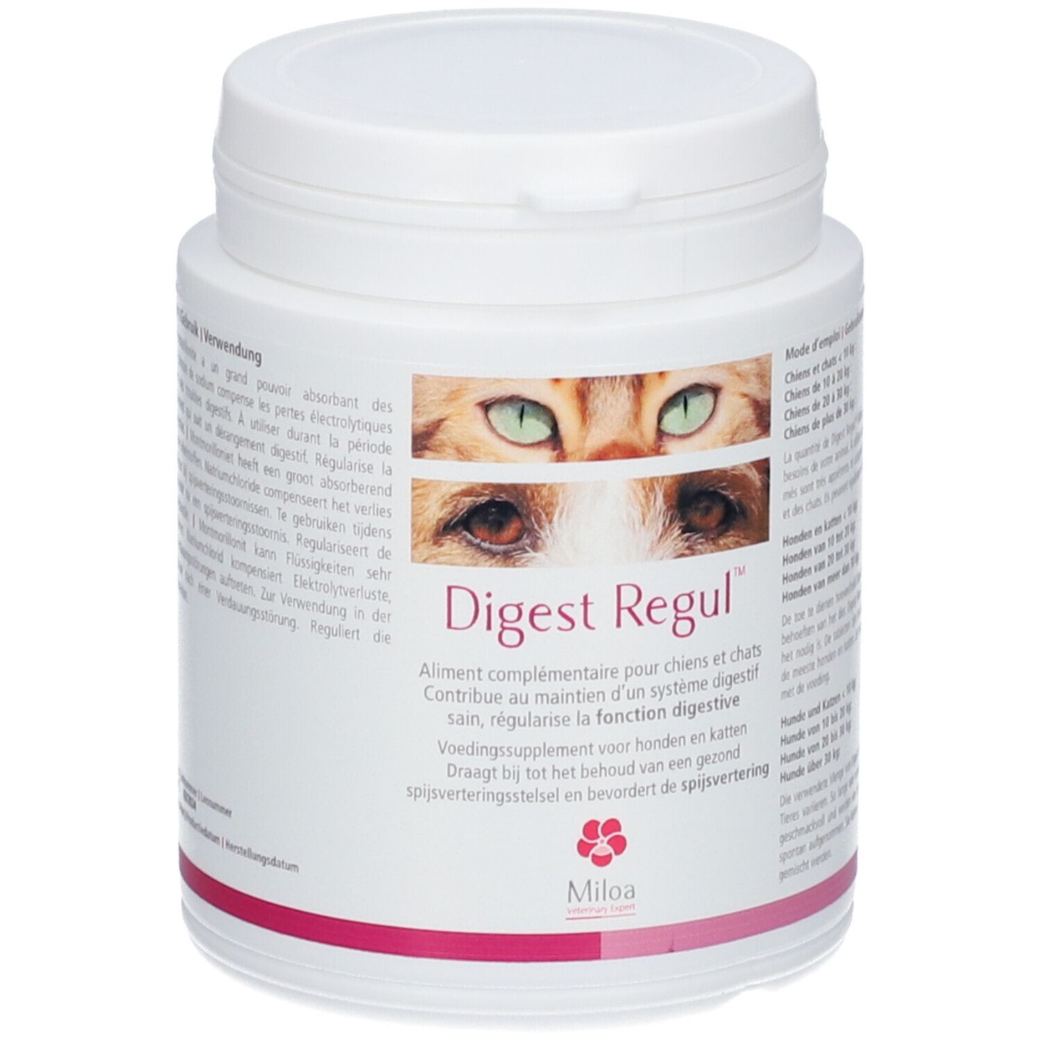 Weißer Tabletten-Behälter mit Deckel. Aufdruck: Augen einer Katze, "Digest Regul", Text in mehreren Sprachen, Logo.