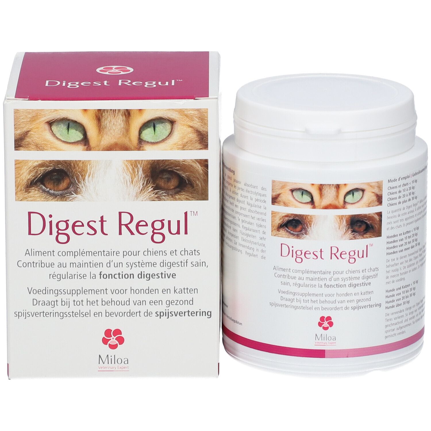 Produktpackung und Tabletten-Behälter. Aufdruck: Augen einer Katze, "Digest Regul", Text in mehreren Sprachen, Logo.