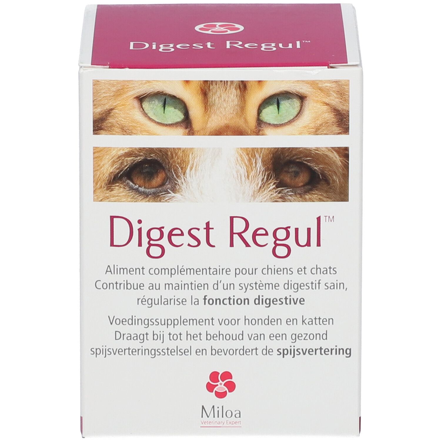Produktpackung. Aufdruck: Augen einer Katze, "Digest Regul", Text in mehreren Sprachen, Logo.