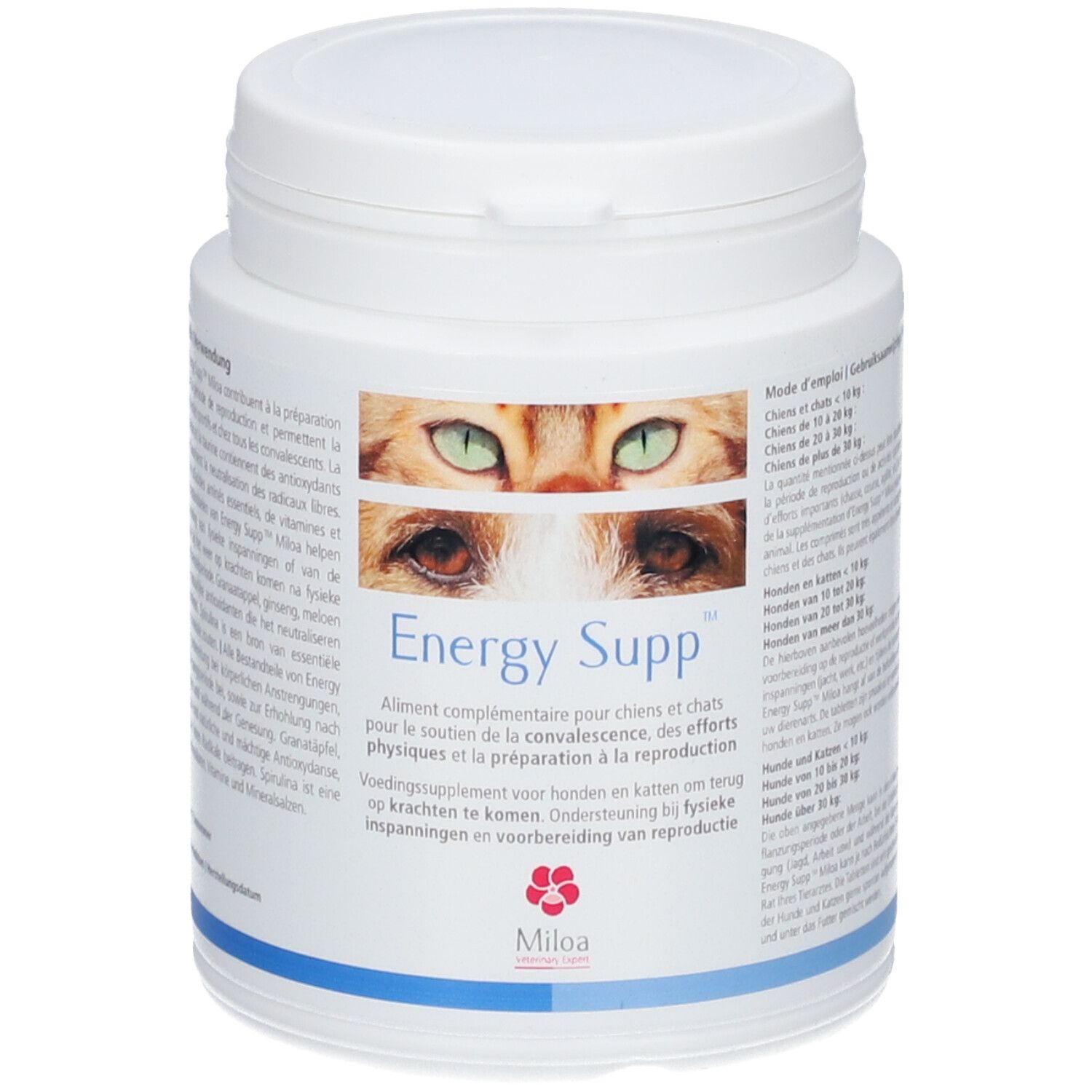 Weiße Dose mit Deckel. Aufschrift "Energy Supp" und Augen einer Katze. Text in mehreren Sprachen. Marke: Miloa.