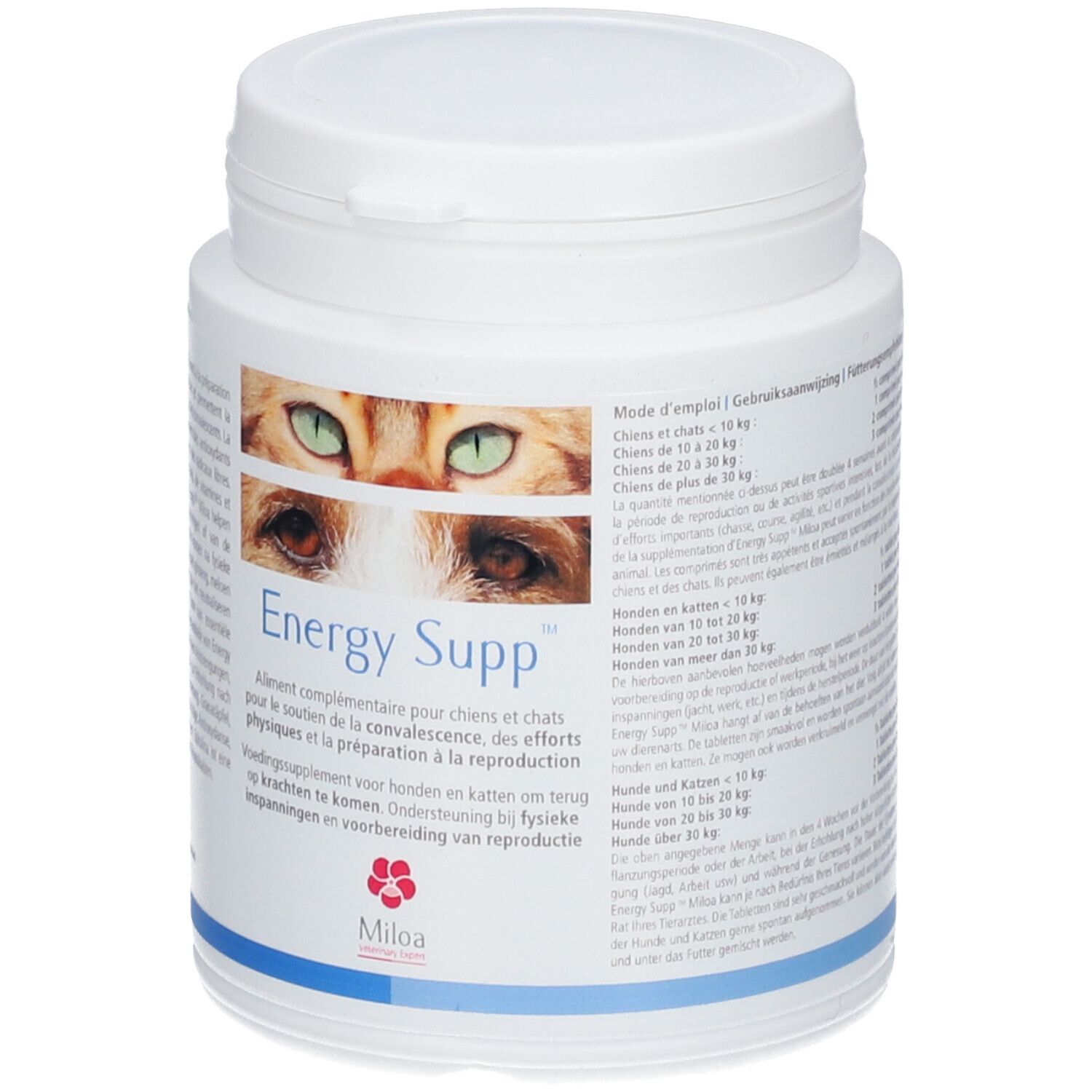 Weiße Dose mit Deckel. Aufschrift "Energy Supp" und Augen einer Katze. Text in mehreren Sprachen. Marke: Miloa.