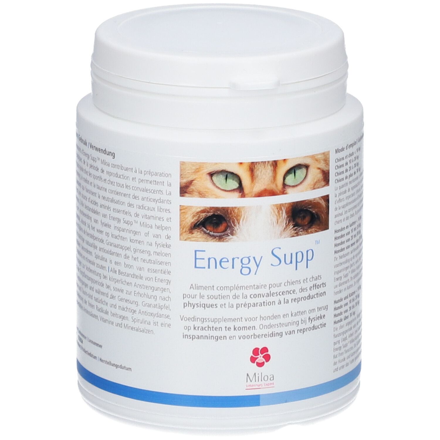 Weiße Dose mit Deckel. Aufschrift "Energy Supp" und Augen einer Katze. Text in mehreren Sprachen. Marke: Miloa.