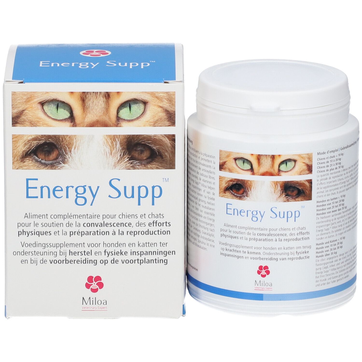 Weiße Dose und Schachtel. Aufschrift "Energy Supp" und Augen einer Katze. Text in mehreren Sprachen. Marke: Miloa.