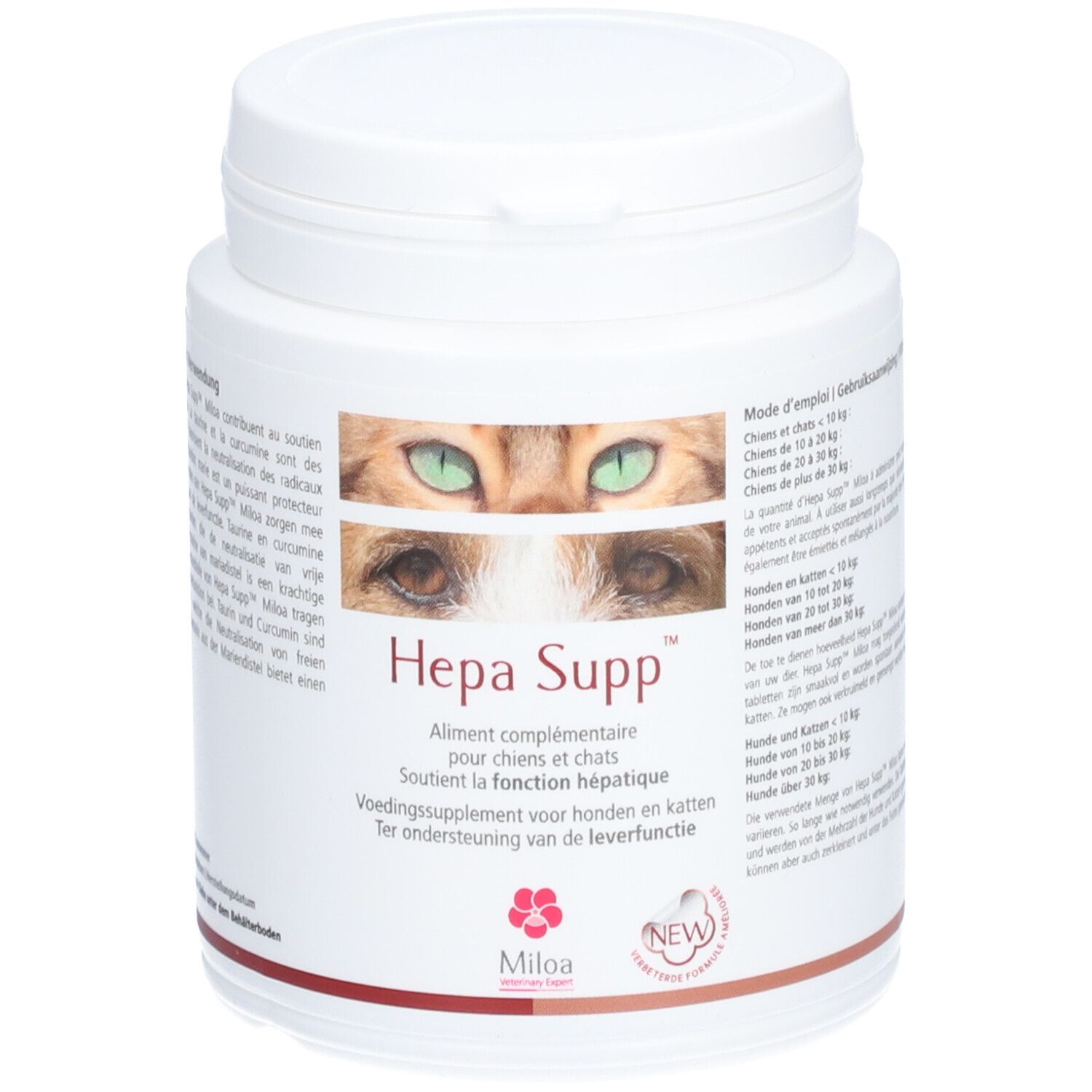 Weißes Supplement-Behälter mit Deckel. Aufschrift: Hepa Supp™. Text und Logo von Miloa. Abbildung von Katzenaugen.