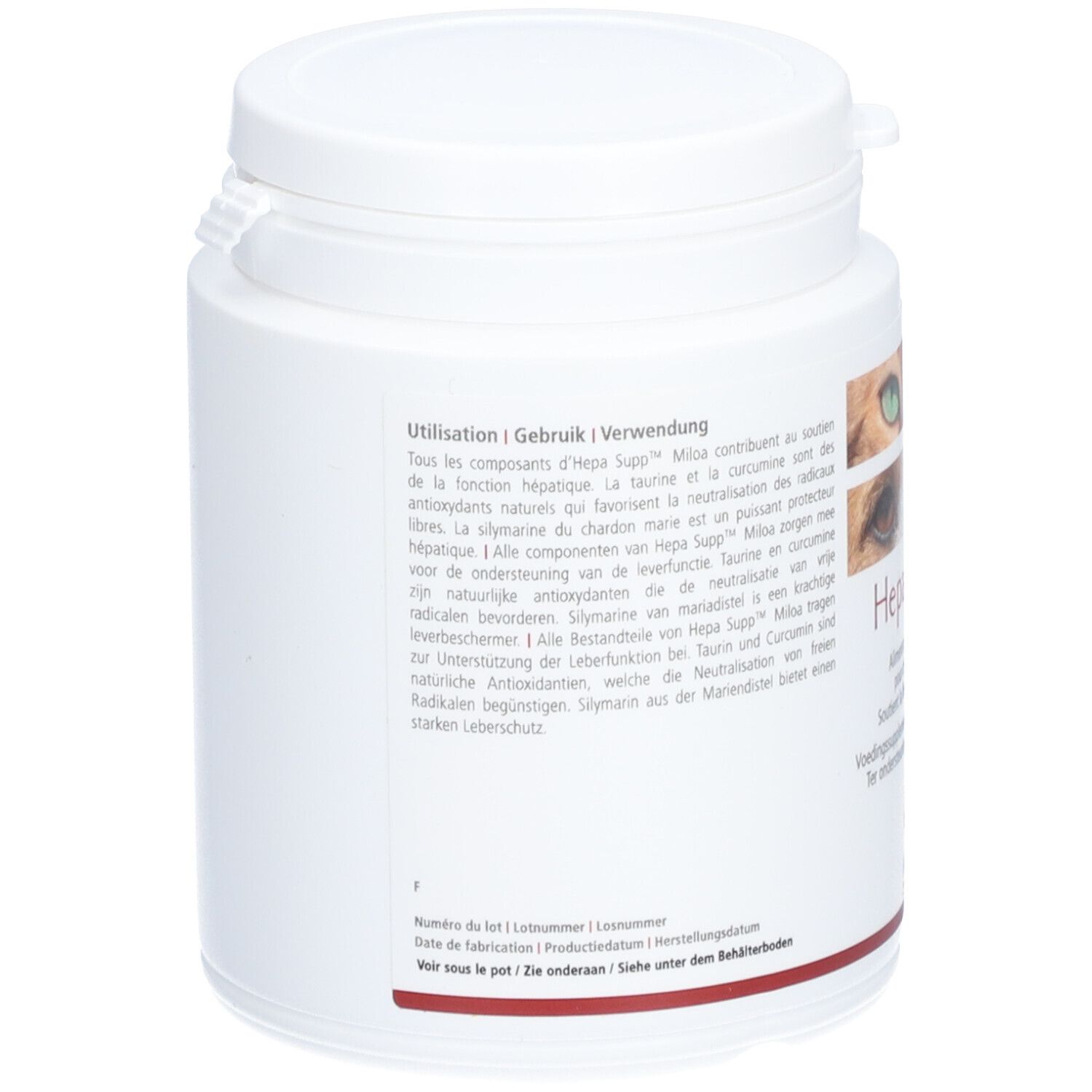 Weißer Supplement-Behälter mit Deckel. Text auf der Rückseite. Enthält Informationen über die Inhaltsstoffe und die Anwendung.