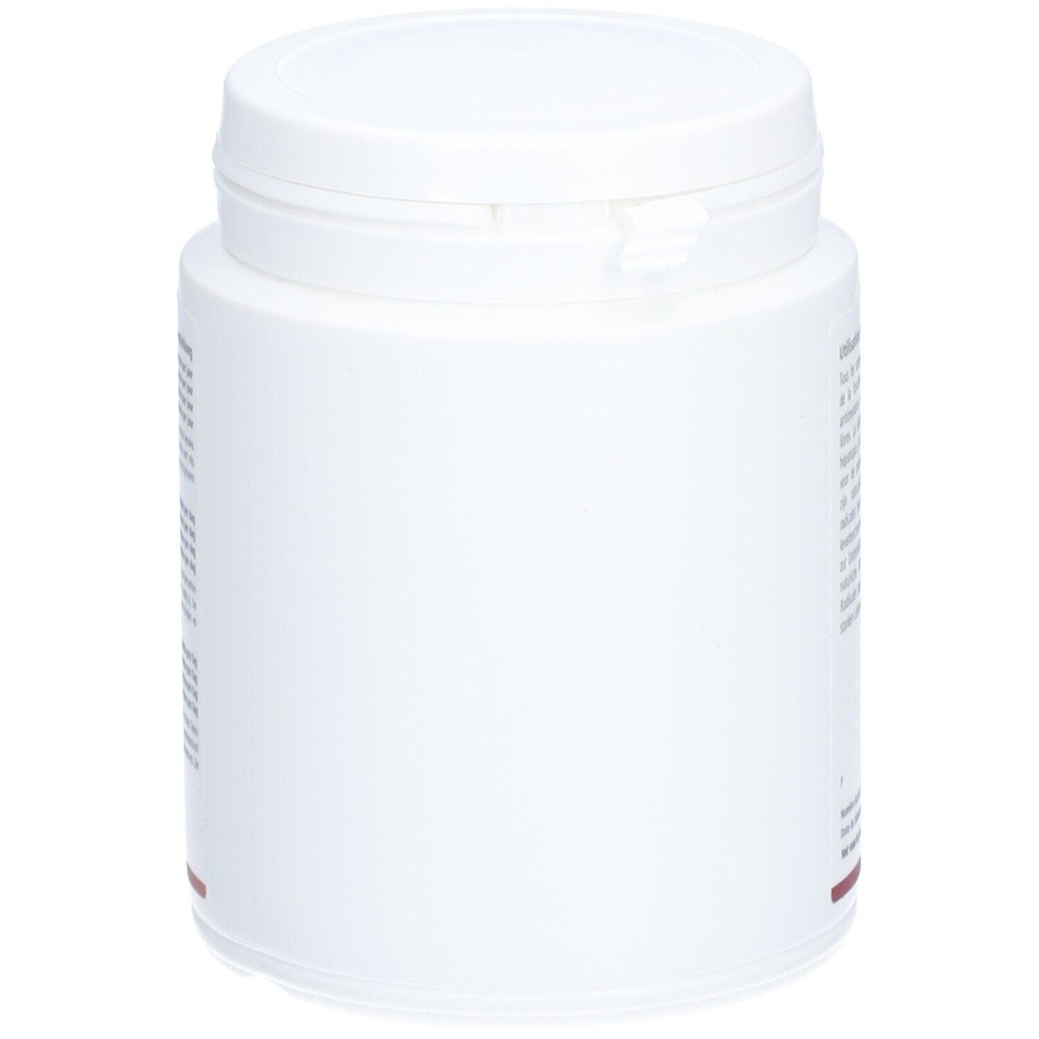 Weißer Supplement-Behälter mit Deckel. Seitenansicht. Keine Beschriftung sichtbar.