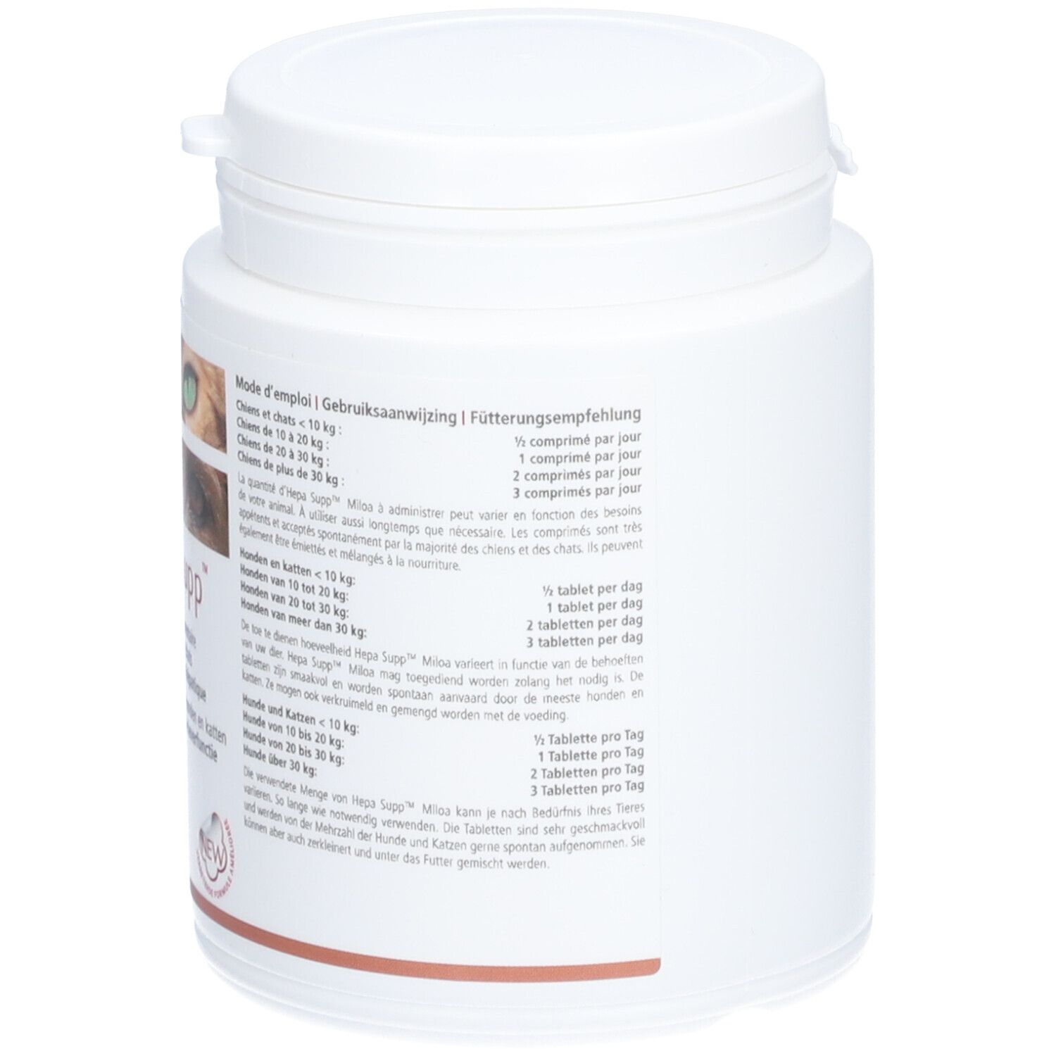 Weißer Supplement-Behälter mit Deckel. Rückseite mit Dosierungsempfehlungen für Hunde und Katzen.