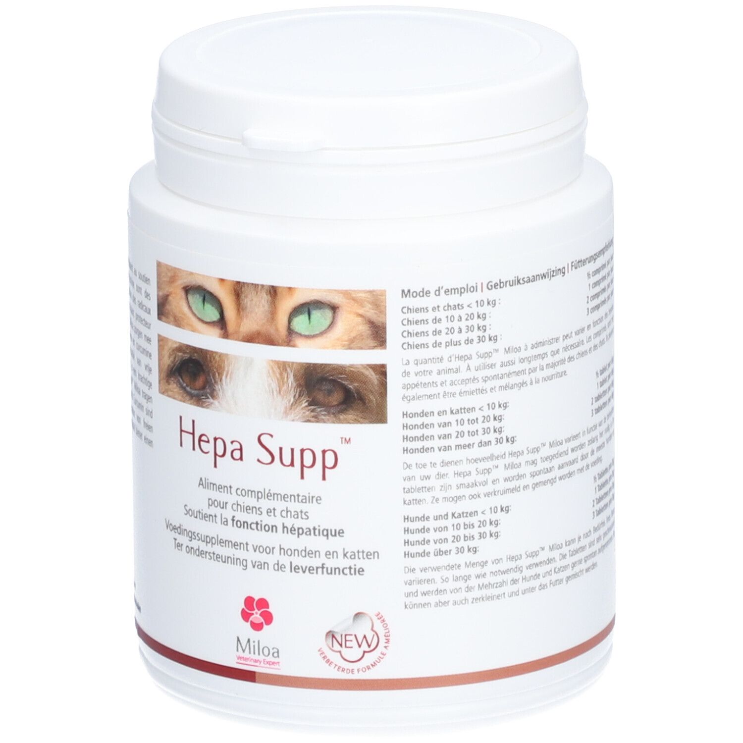 Weißer Supplement-Behälter mit Deckel. Aufschrift: Hepa Supp™. Text und Logo von Miloa. Abbildung von Katzenaugen. Dosierung.