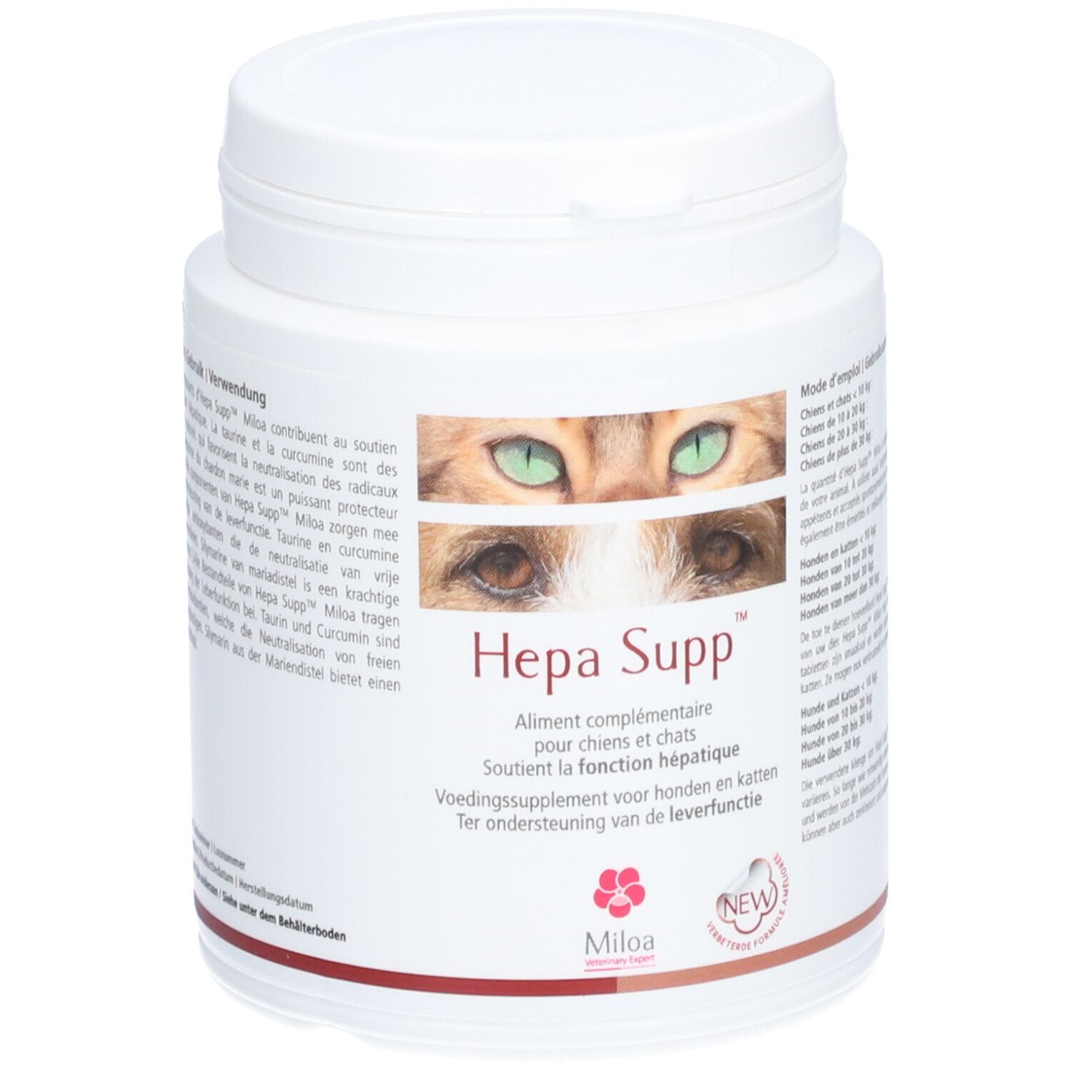 Weißer Supplement-Behälter mit Deckel. Aufschrift: Hepa Supp™. Text und Logo von Miloa. Abbildung von Katzenaugen. Dosierung.