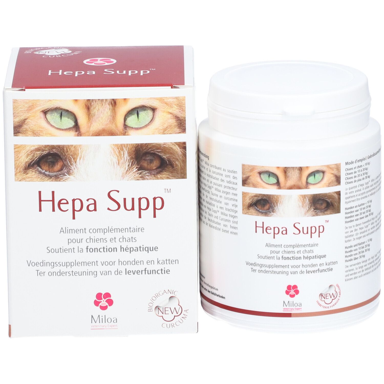 Weißer Supplement-Behälter und Schachtel. Aufschrift: Hepa Supp™. Text und Logo von Miloa. Abbildung von Katzenaugen. 