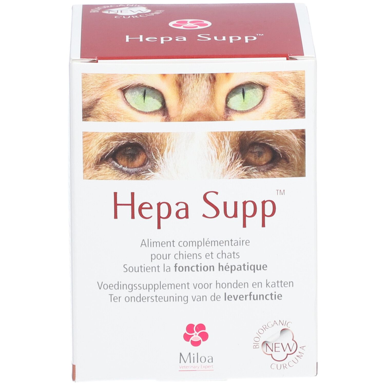 Rote und weiße Schachtel. Aufschrift: Hepa Supp™. Text und Logo von Miloa. Abbildung von Katzenaugen.