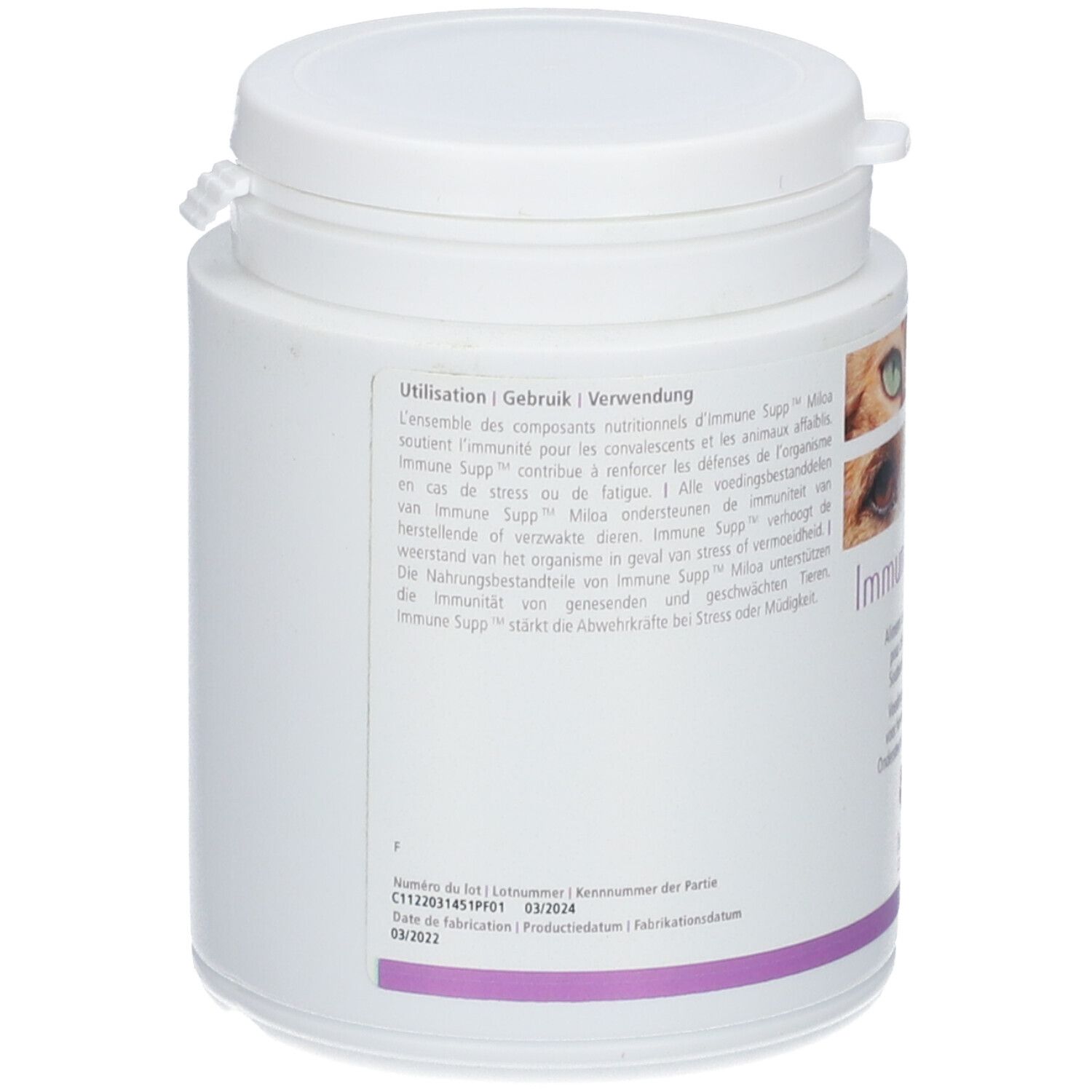 Rückseite der weißen Dose "Immune Supp". Text in mehreren Sprachen. Informationen zur Anwendung und Inhaltsstoffe.