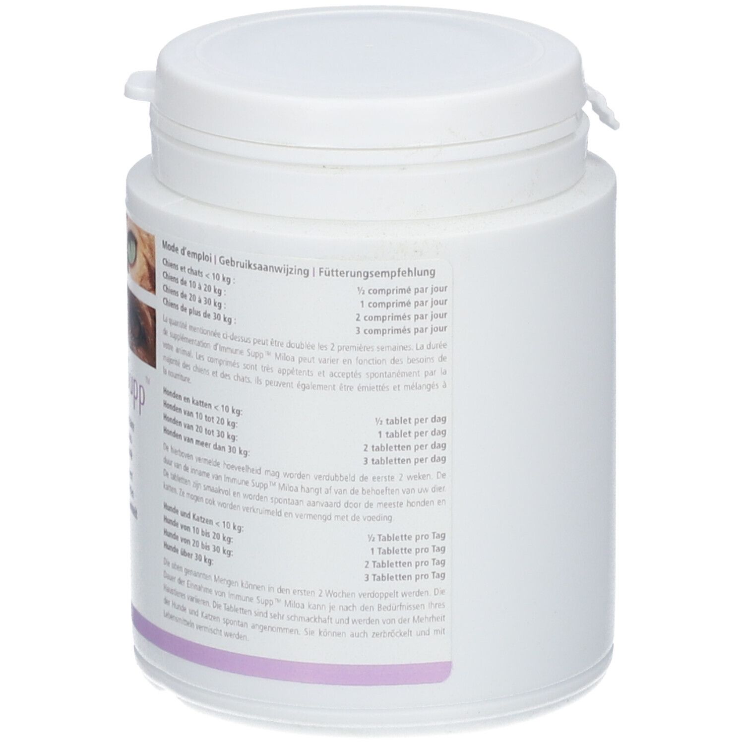 Weiße Dose "Immune Supp" mit Deckel. Text zur Fütterungsempfehlung für Hunde und Katzen. Mehrsprachig.
