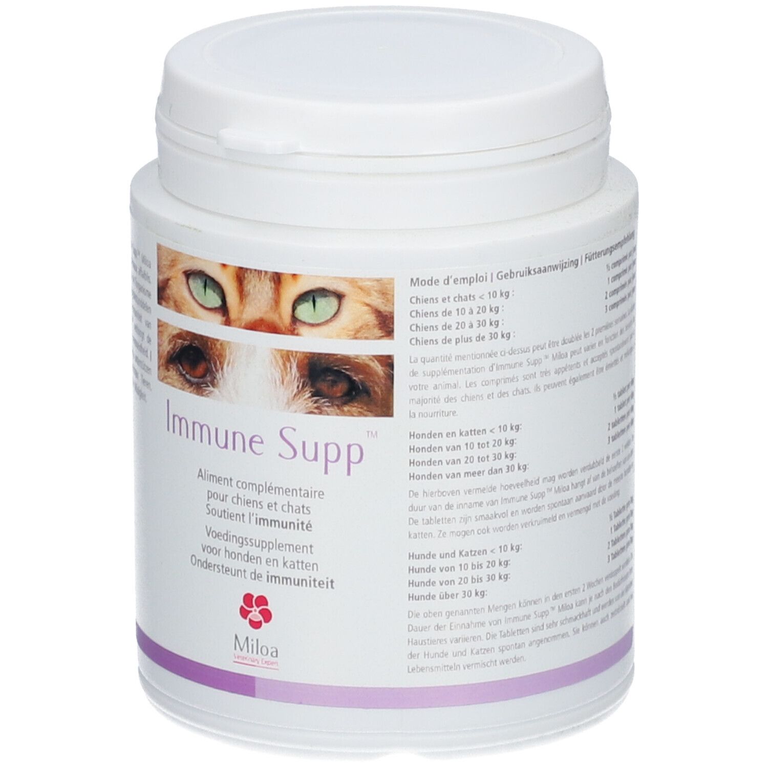Weiße Dose "Immune Supp" mit Katzenaugen-Motiv. Ergänzungsfuttermittel für Hunde und Katzen. Miloa Logo.