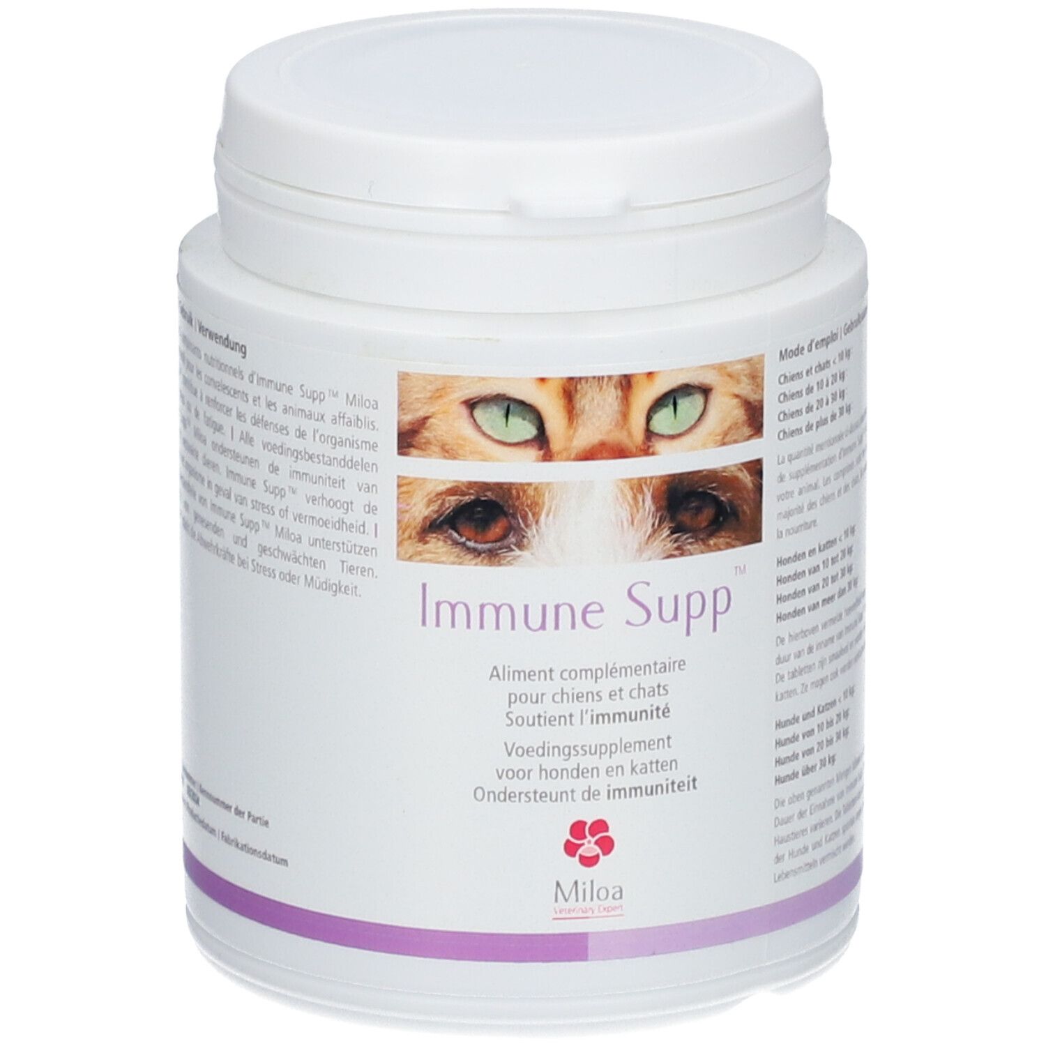 Weiße Dose "Immune Supp" mit Katzenaugen-Motiv. Ergänzungsfuttermittel für Hunde und Katzen. Miloa Logo.
