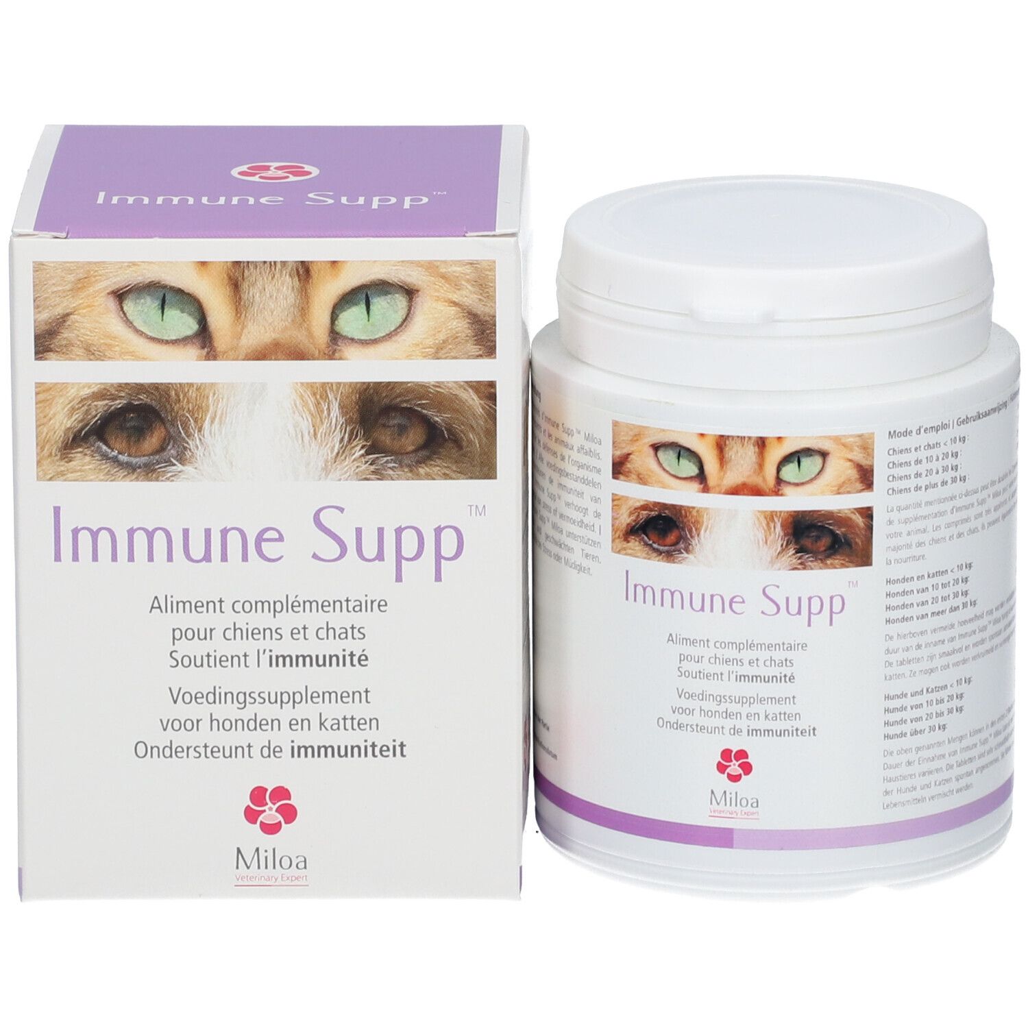 Weiße Dose und Schachtel "Immune Supp" mit Katzenaugen-Motiv. Ergänzungsfuttermittel für Hunde und Katzen. Miloa Logo.