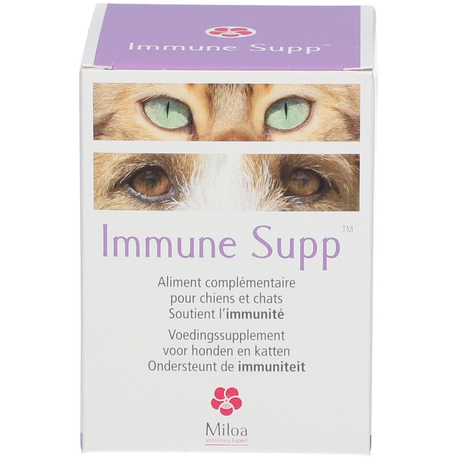 Weiße Schachtel "Immune Supp" mit Katzenaugen-Motiv. Ergänzungsfuttermittel für Hunde und Katzen. Miloa Logo.