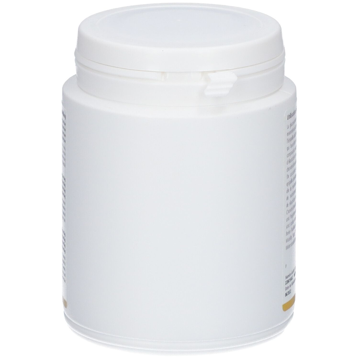 Weiße Dose mit Deckel. Seitenansicht. Produktname nicht sichtbar. Marke Miloa.