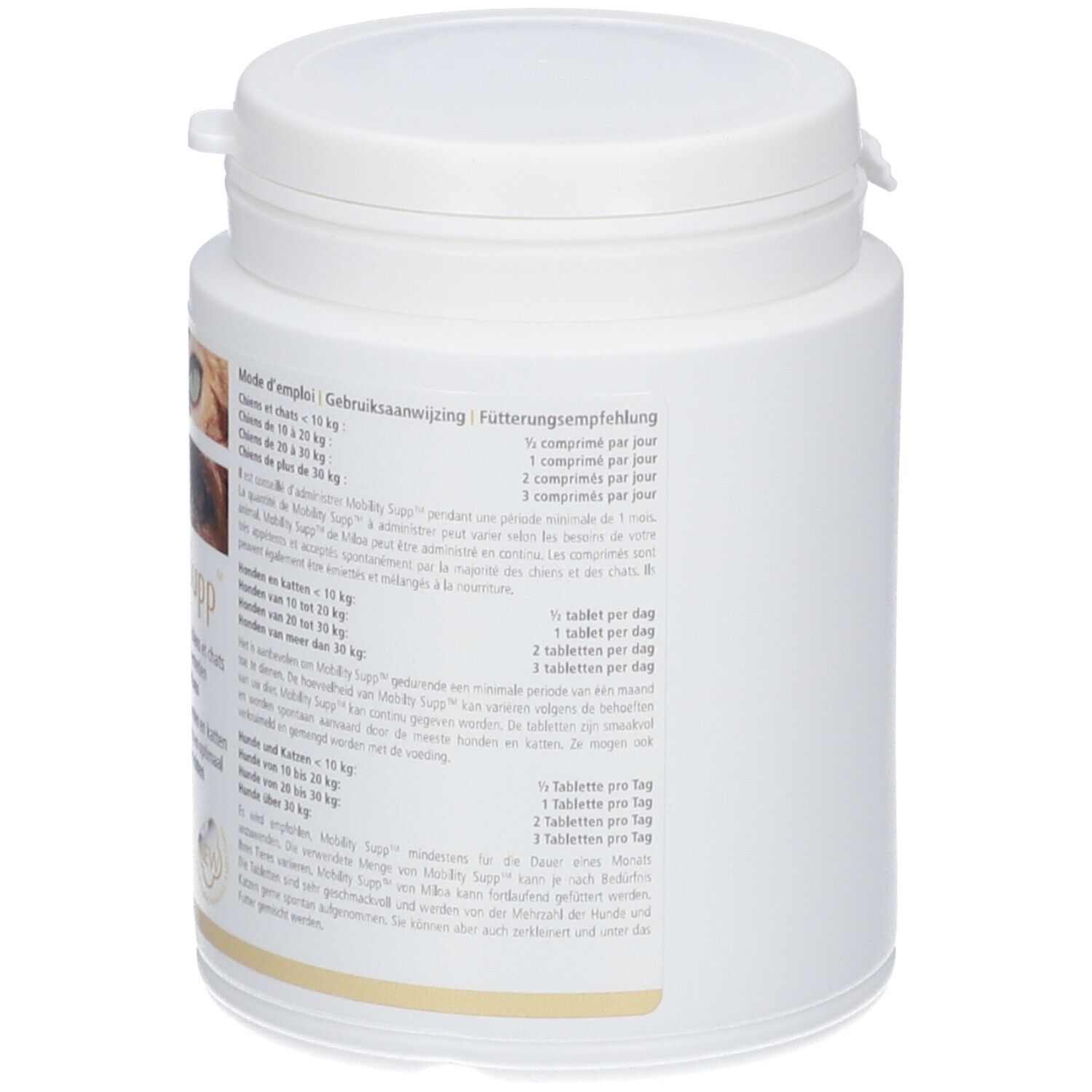 Weiße Dose mit Deckel. Rückseite mit Text. Produktname nicht sichtbar. Marke Miloa.