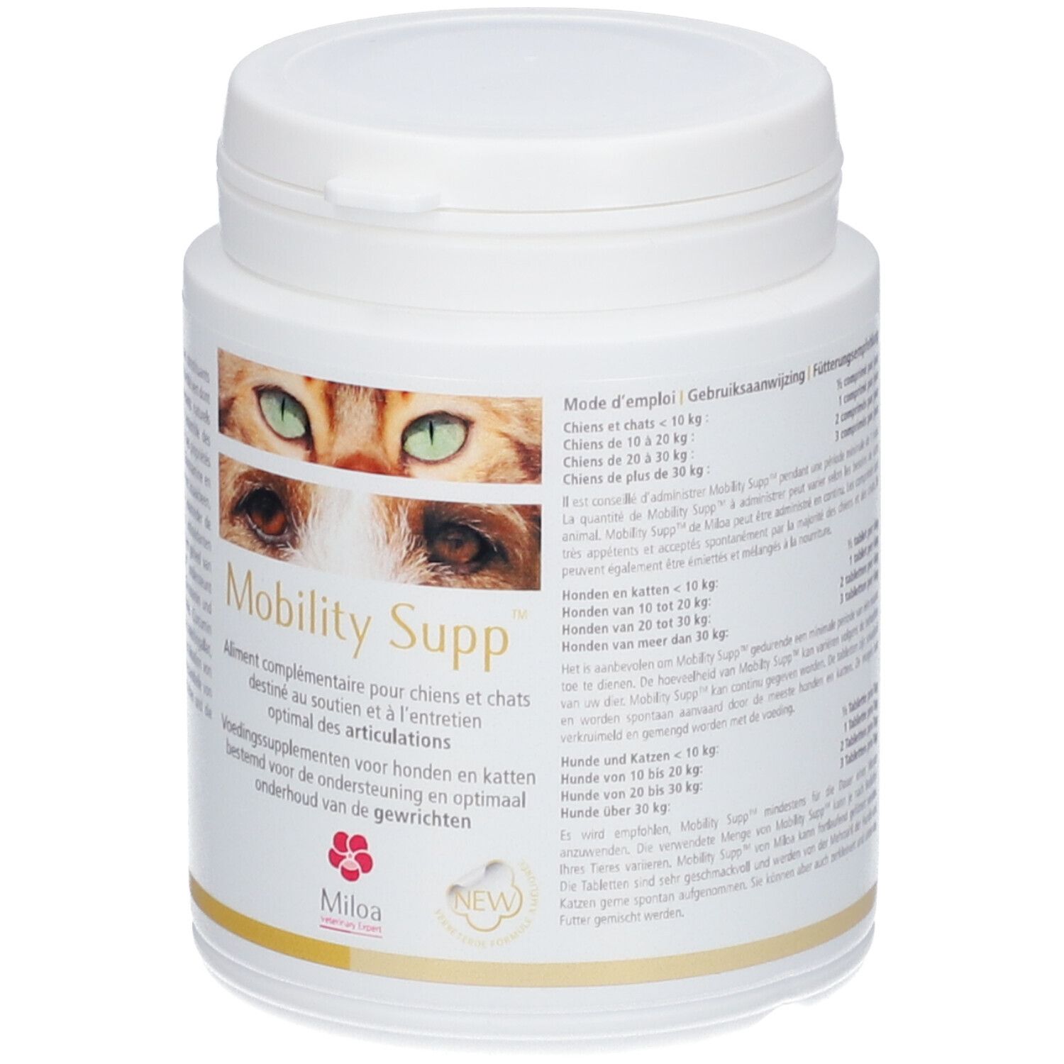 Weiße Dose mit Deckel. Aufkleber mit Produktname, Katzenaugen und Text. Marke Miloa.