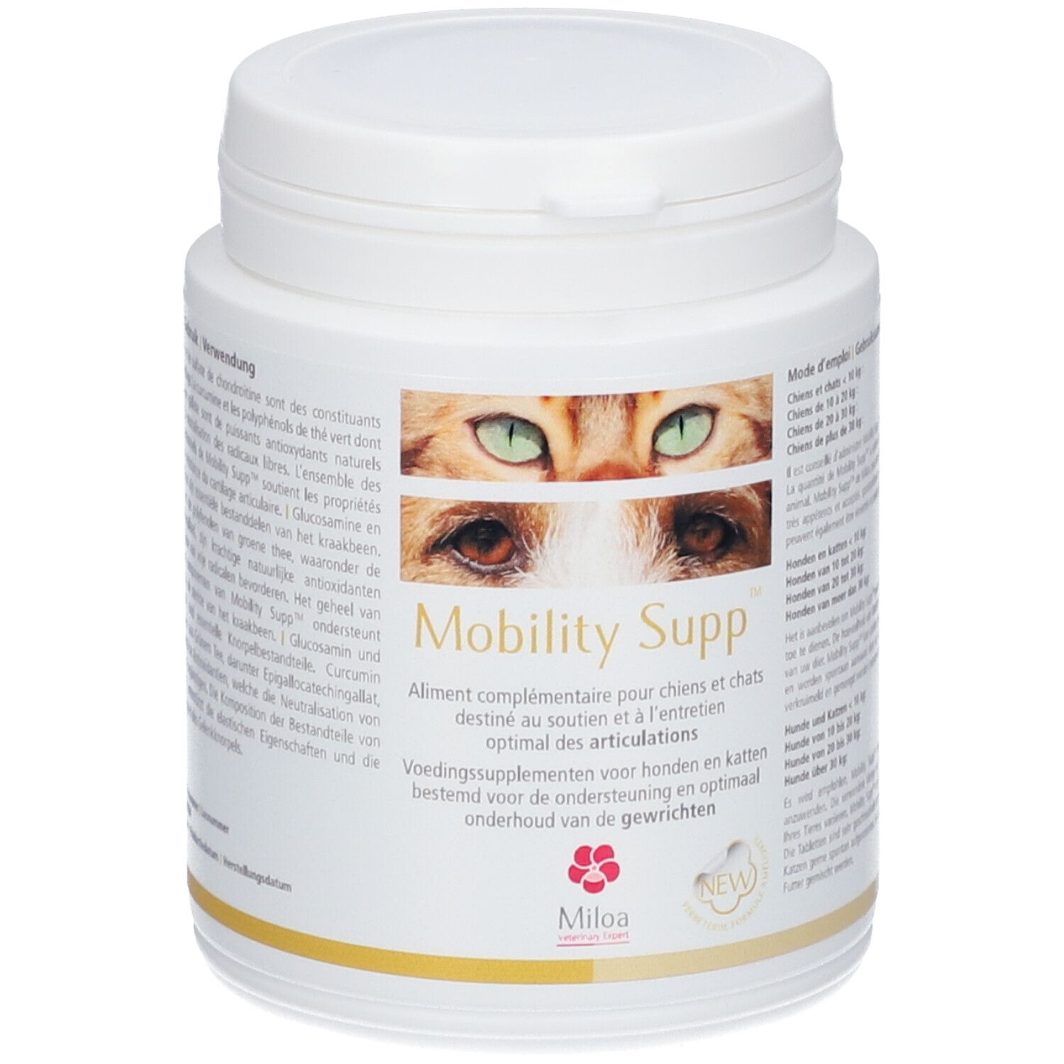 Weiße Dose mit Deckel. Aufkleber mit Produktname, Katzenaugen und Text. Marke Miloa.