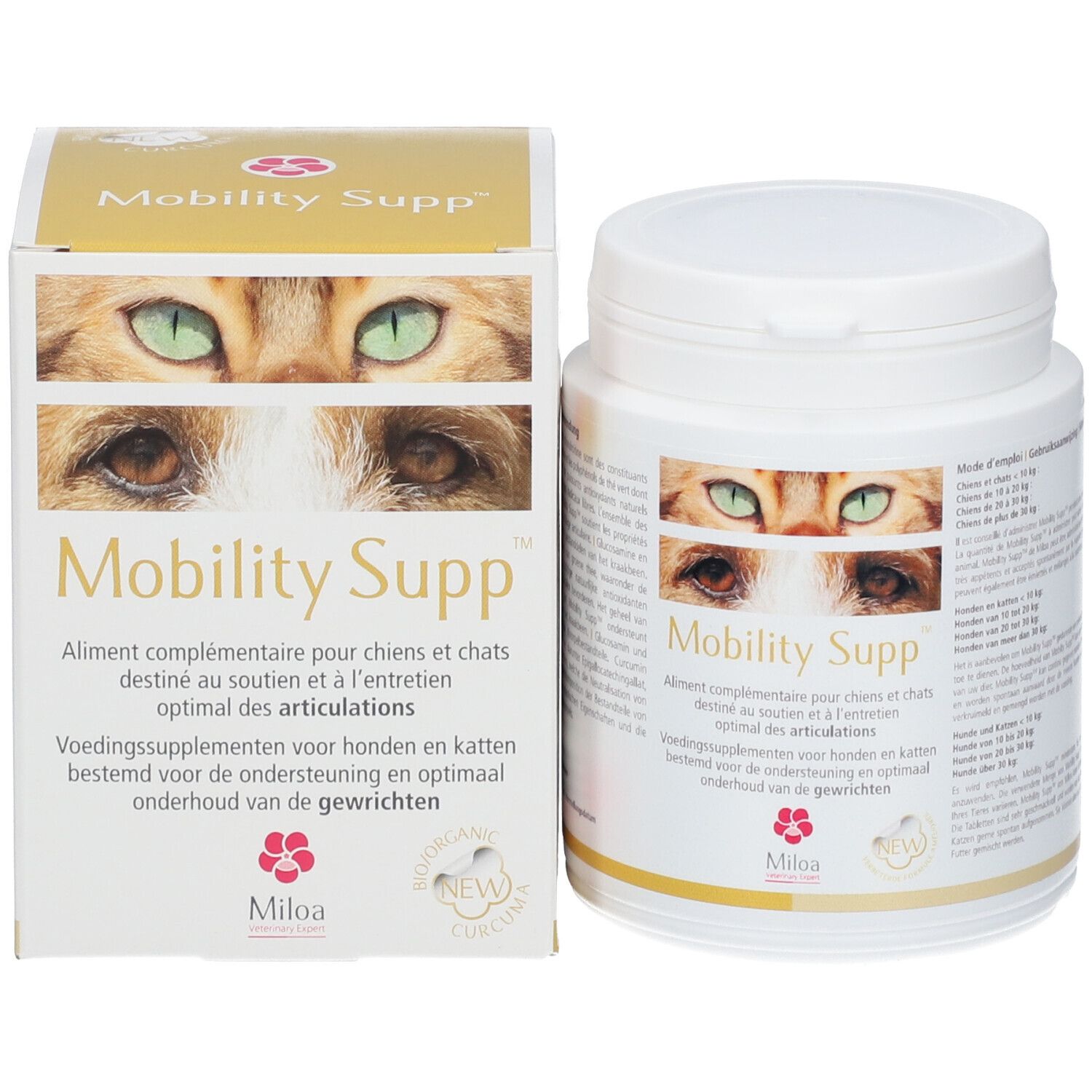 Produkt und Verpackung. Weiße Dose und Karton. Produktname, Katzenaugen und Text. Marke Miloa.