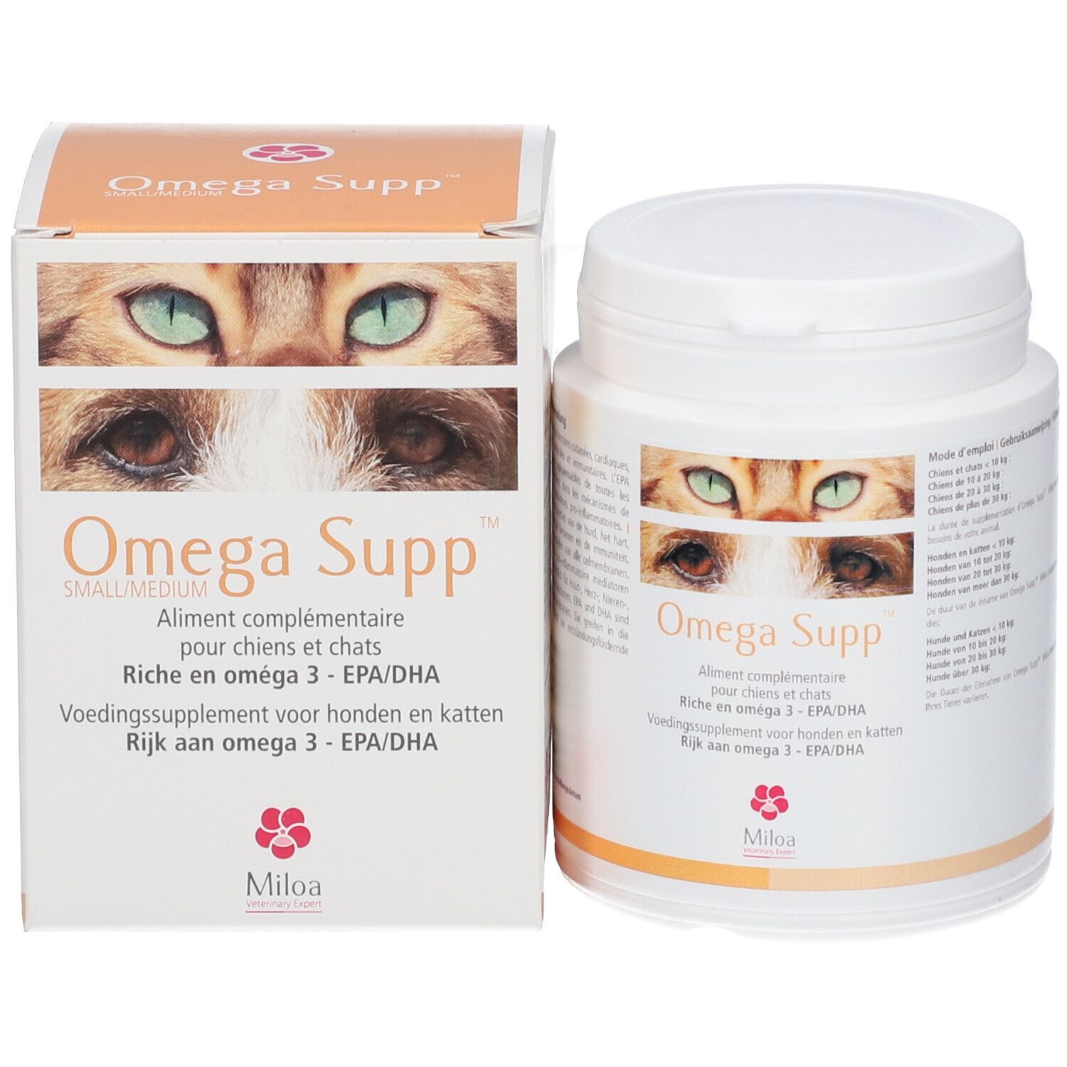 Produktverpackung: Dose und Schachtel. Dose: Omega Supp, Katzenaugen, Marke Miloa. Schachtel: Omega Supp, Text, Marke Miloa.