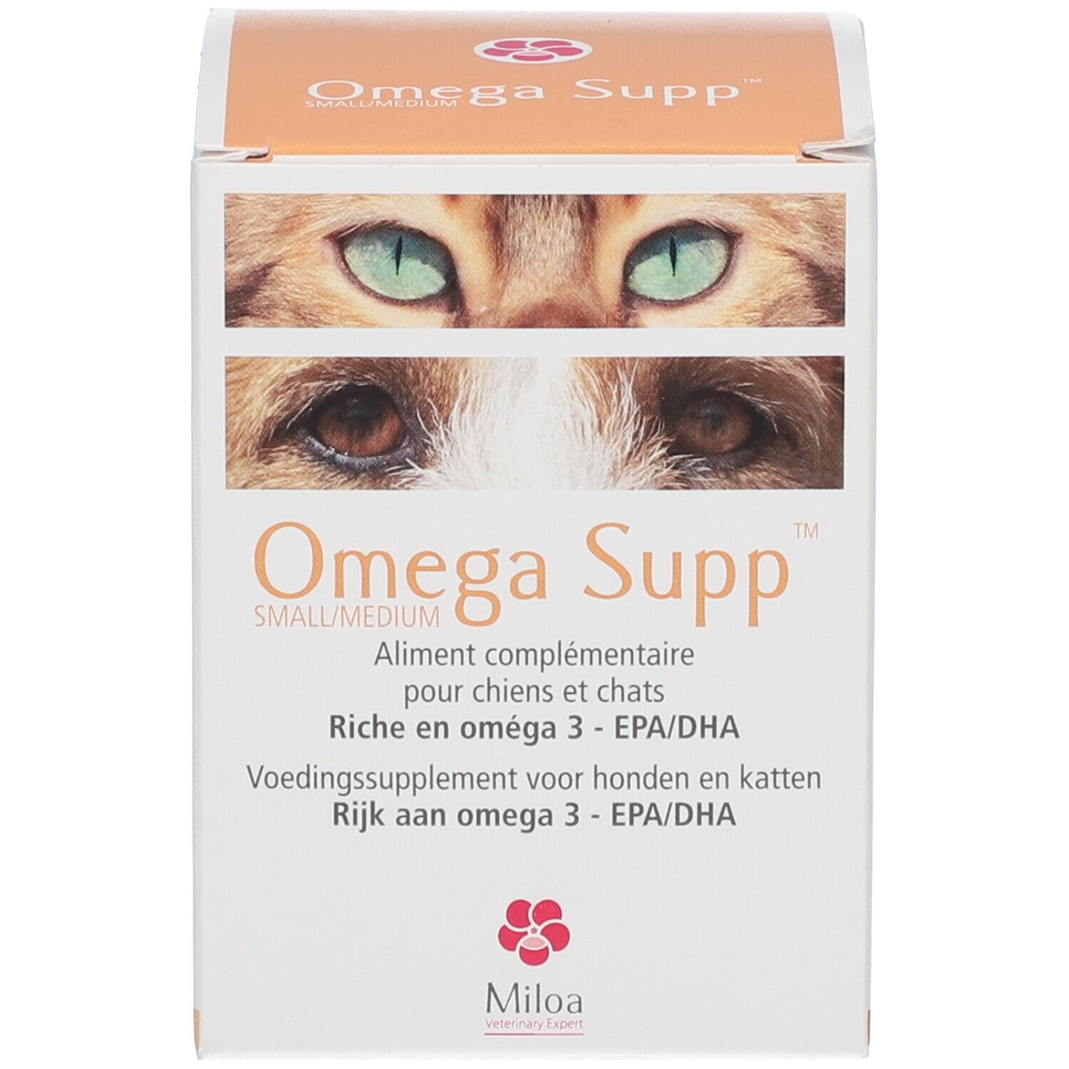 Produktverpackung: Schachtel. Text: Omega Supp, Katzenaugen, Nahrungsergänzungsmittel für Hunde und Katzen, EPA/DHA. Marke: Miloa.