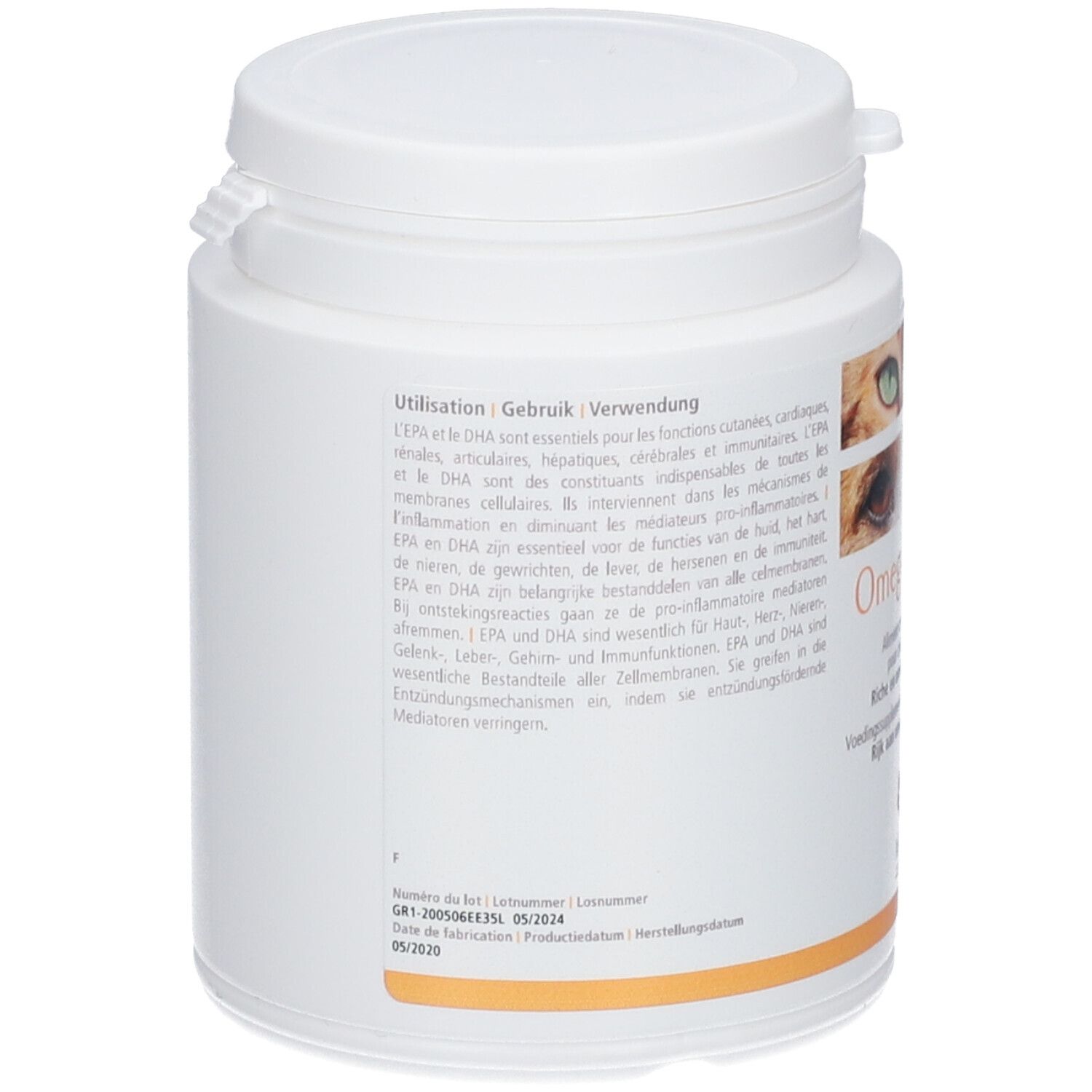 Rückseite des weißen, zylindrischen Supplement-Behälters. Text in Deutsch, Französisch und Niederländisch. Informationen zur Verwendung und Inhaltsstoffe.