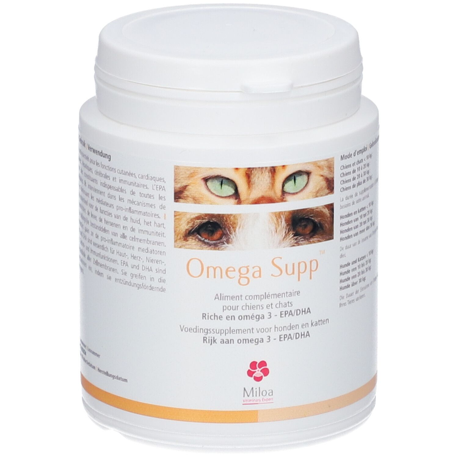 Weißer, zylindrischer Supplement-Behälter mit Deckel. Aufschrift: Omega Supp. Abbildung von Katzenaugen. Text in Deutsch, Französisch und Niederländisch.
