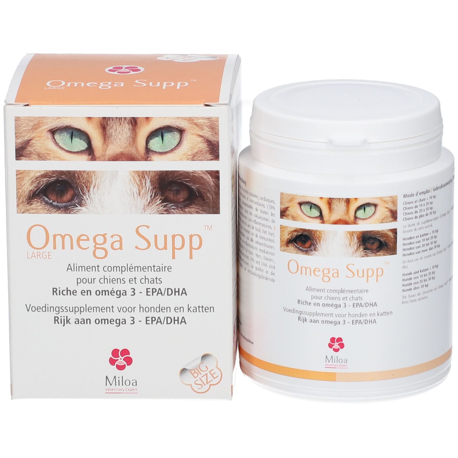Weißer, zylindrischer Supplement-Behälter und Karton. Aufschrift: Omega Supp. Abbildung von Katzenaugen. Text in Deutsch, Französisch und Niederländisch.