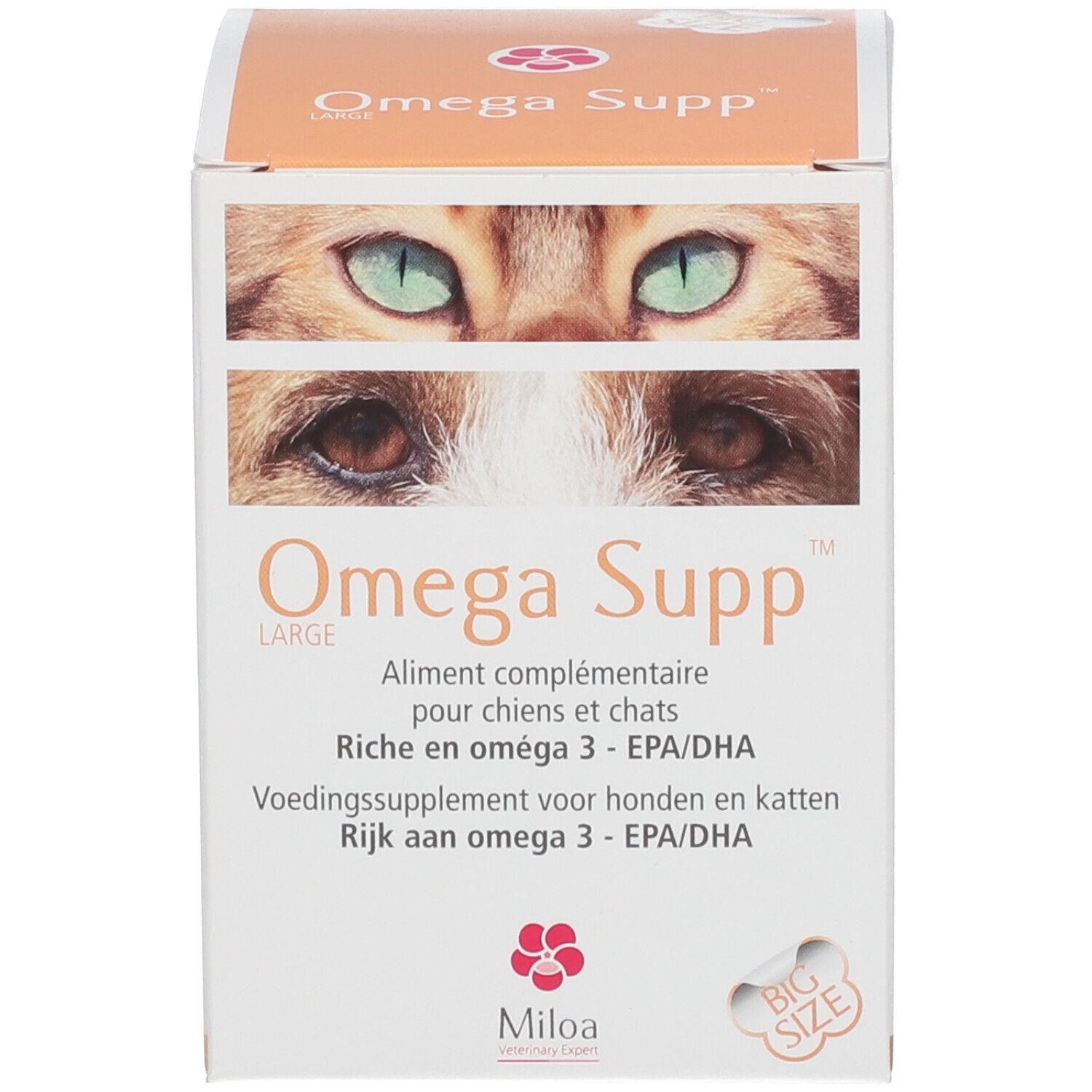 Karton mit Aufschrift: Omega Supp. Abbildung von Katzenaugen. Text in Deutsch, Französisch und Niederländisch. Aufschrift: LARGE.