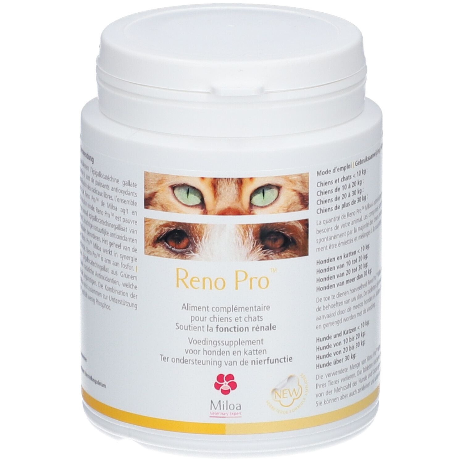 Witte, cilindrische pot met deksel. Opschrift: Reno Pro. Afbeelding: ogen van kat en hond. Merk: Miloa.