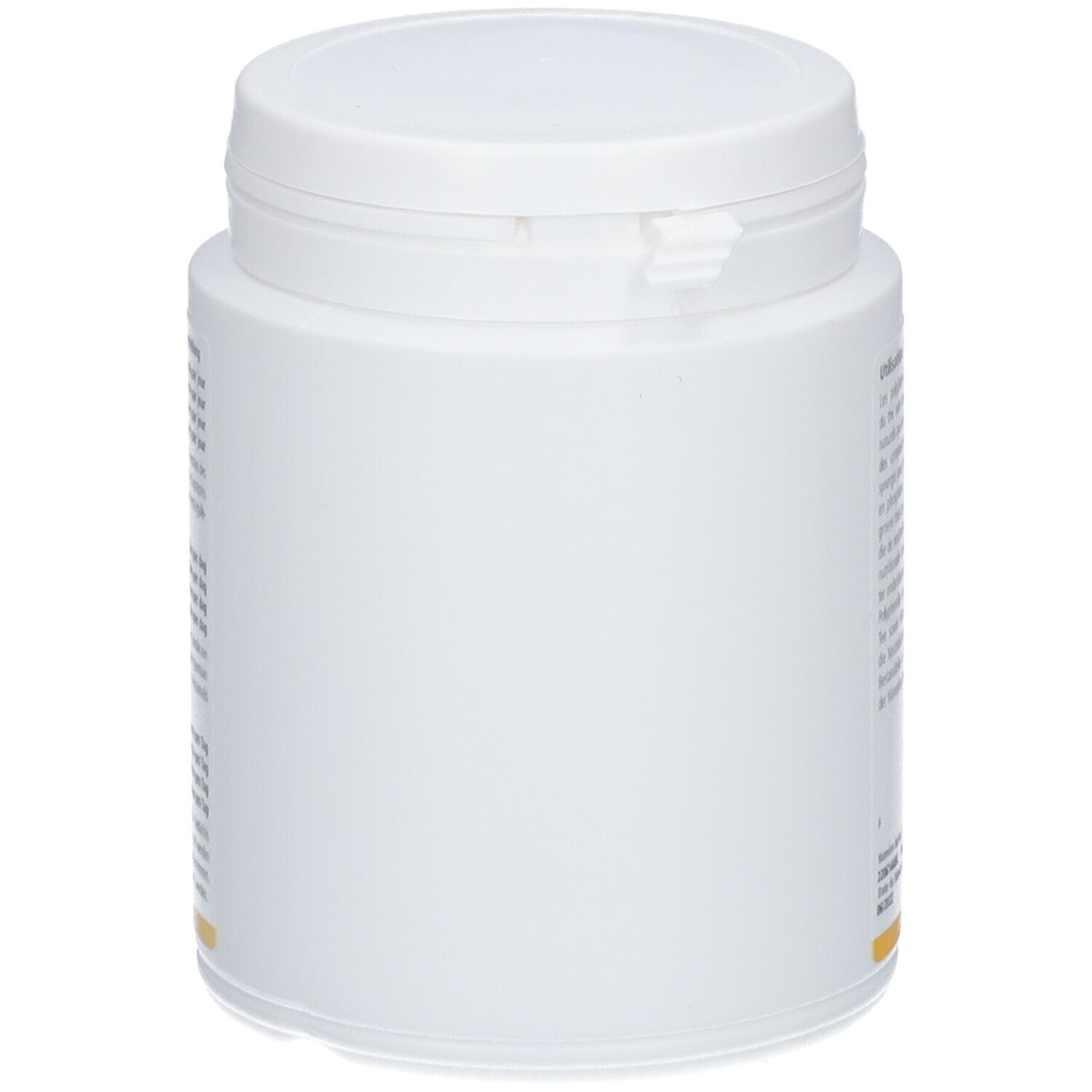 Witte, cilindrische pot met deksel. Lege zijkant. Geen opschrift.