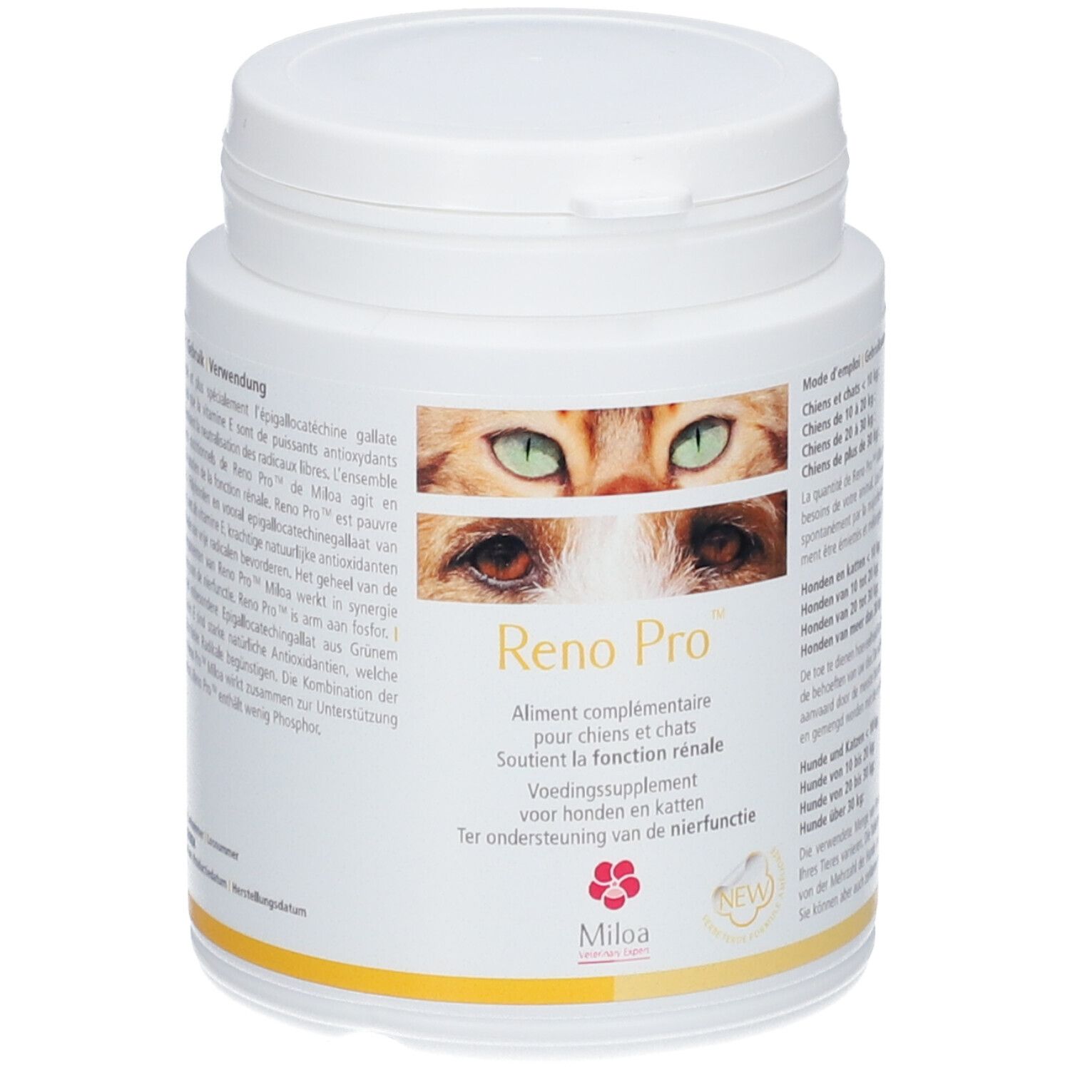 Witte, cilindrische pot met deksel. Opschrift: Reno Pro. Afbeelding: ogen van kat en hond. Merk: Miloa.