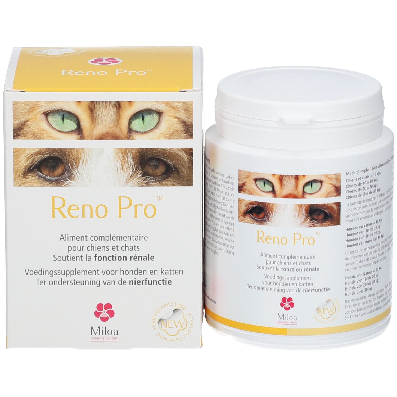 Productverpakking: pot en doos. Opschrift: Reno Pro. Afbeelding: ogen van kat en hond. Merk: Miloa.